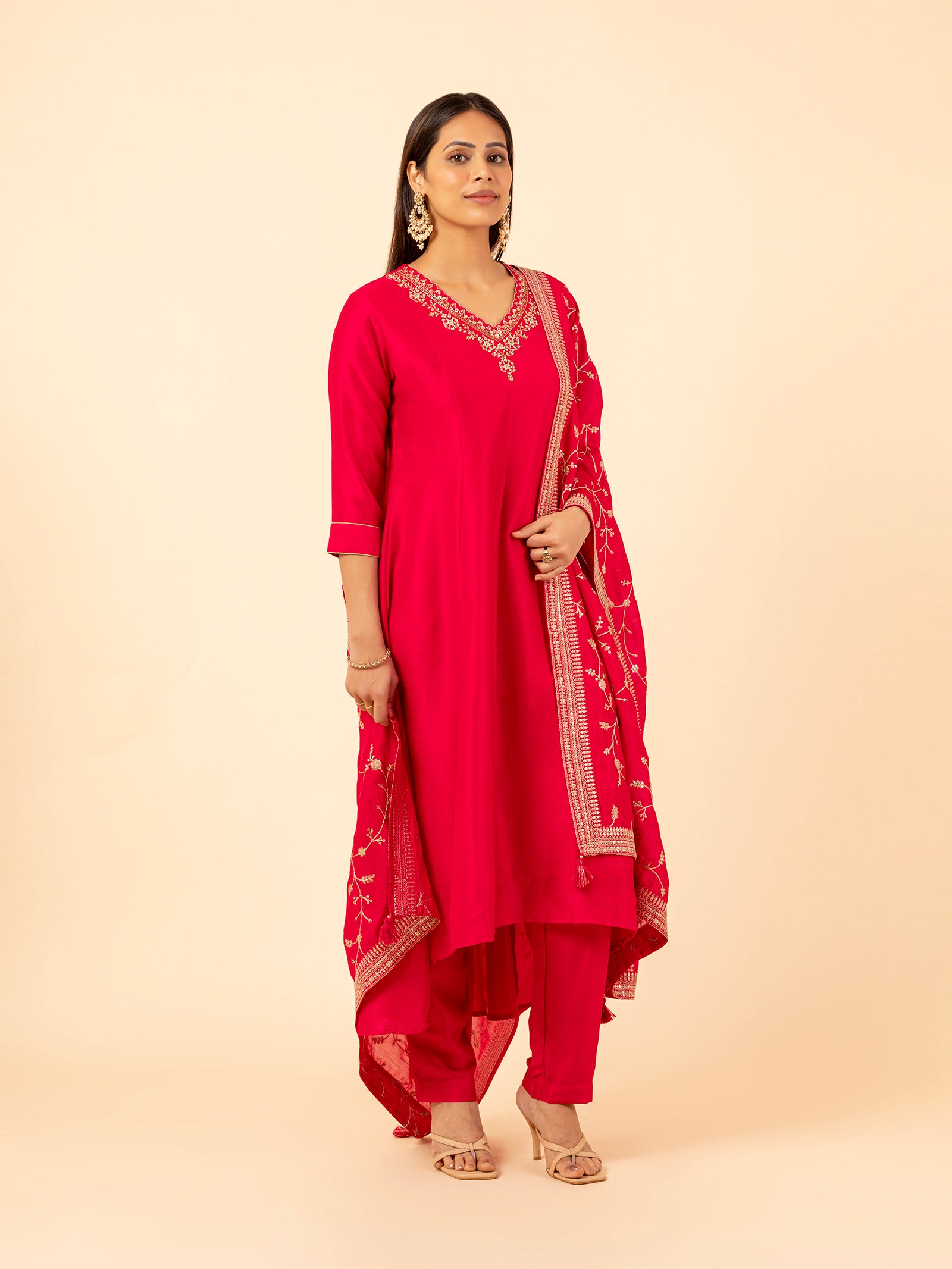 Crimson Vine Embroidered Silk Set