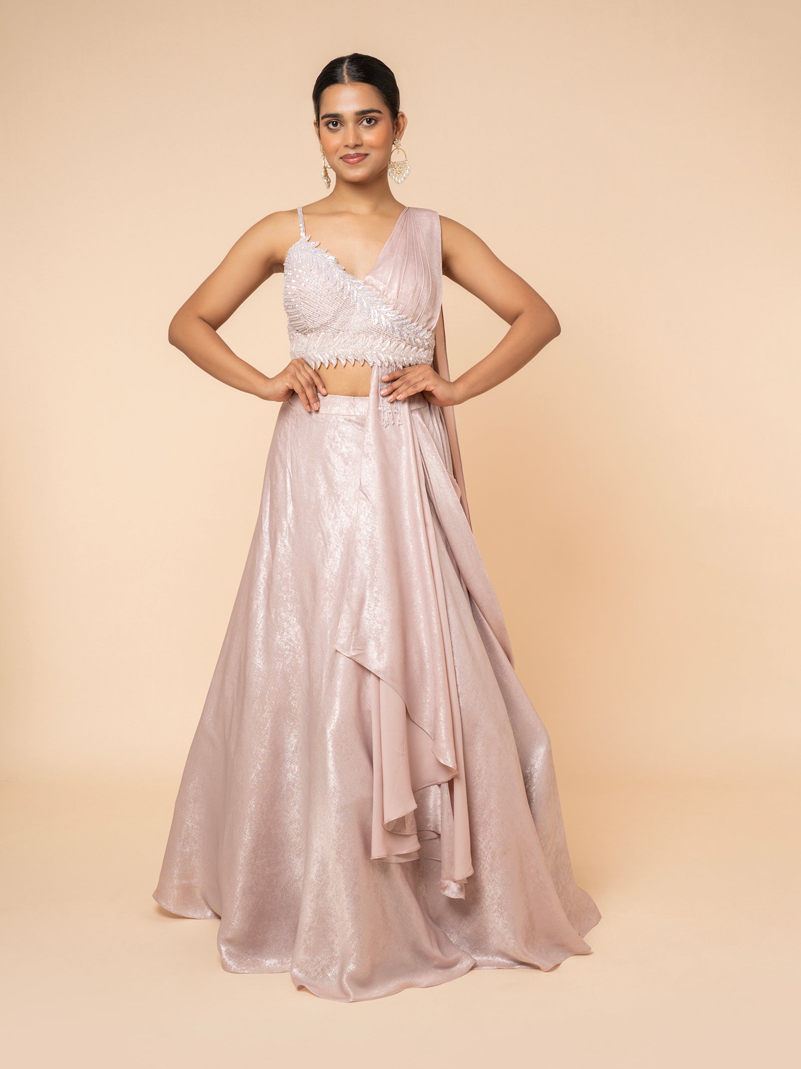 Blush Shimmer Lehenga with Embellished Asymmetrical Blouse