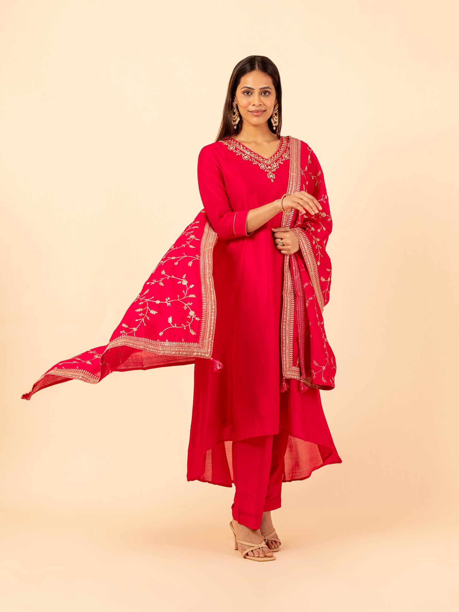 Crimson Vine Embroidered Silk Set