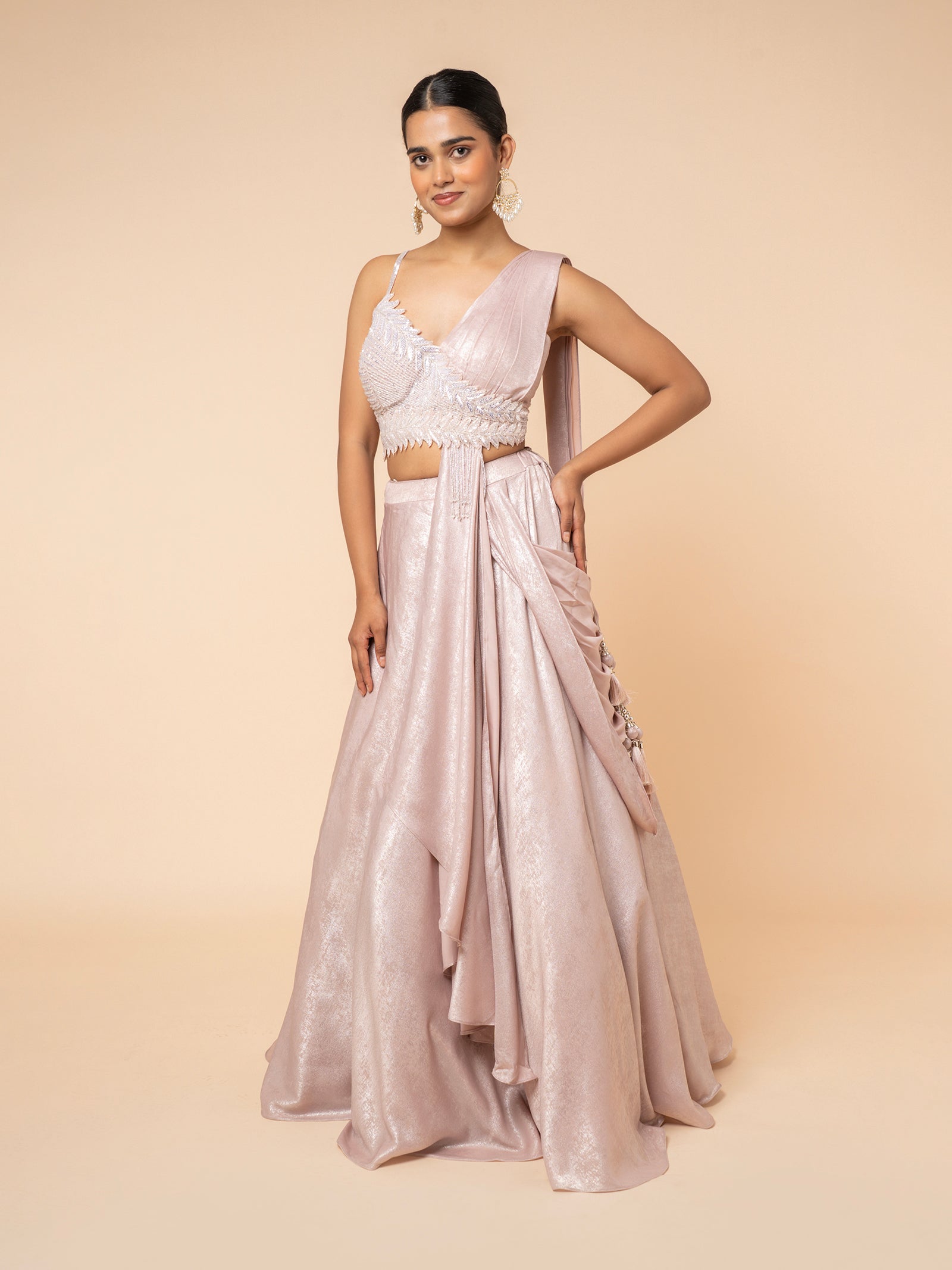 Blush Shimmer Lehenga with Embellished Asymmetrical Blouse