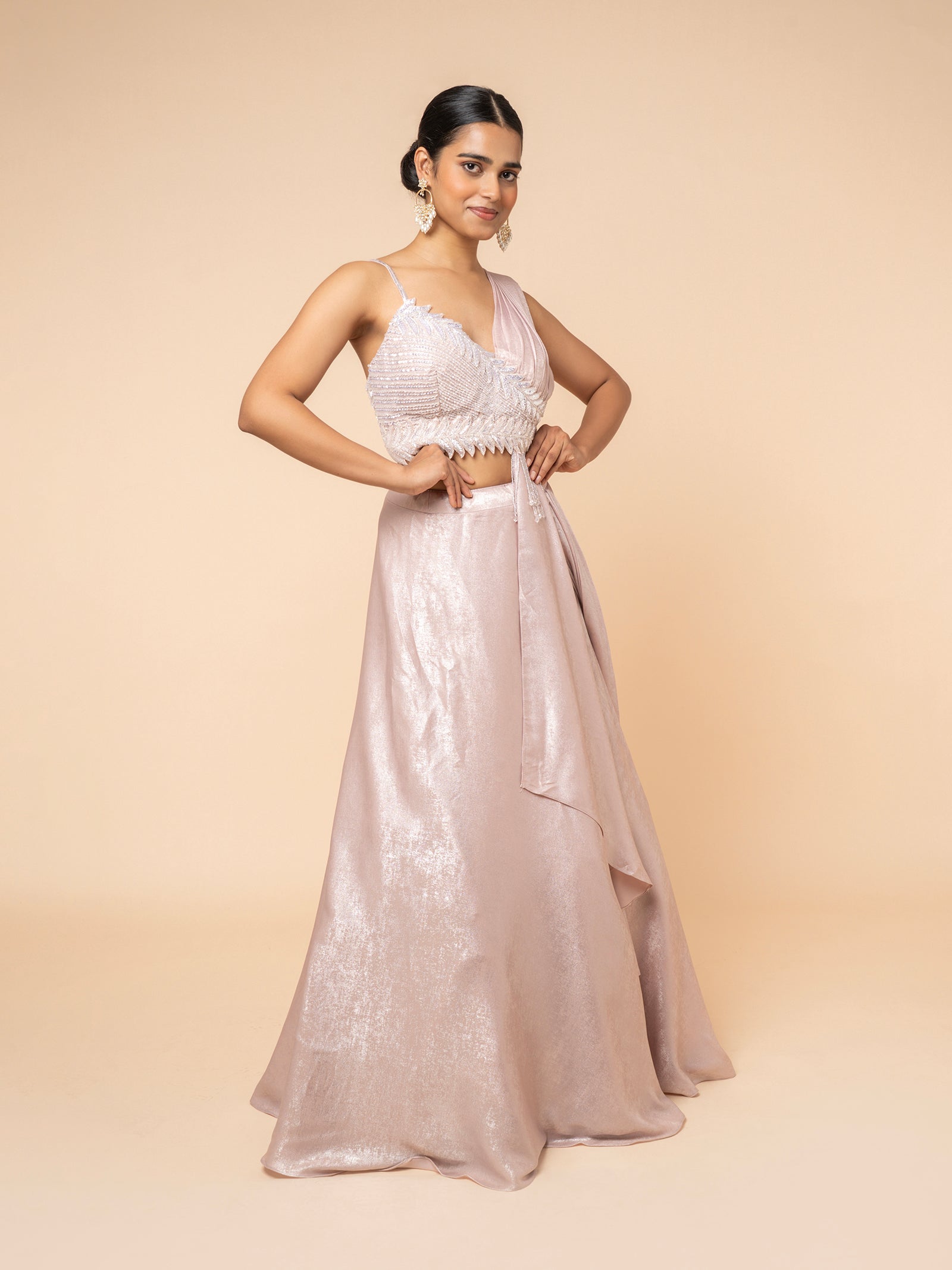 Blush Shimmer Lehenga with Embellished Asymmetrical Blouse