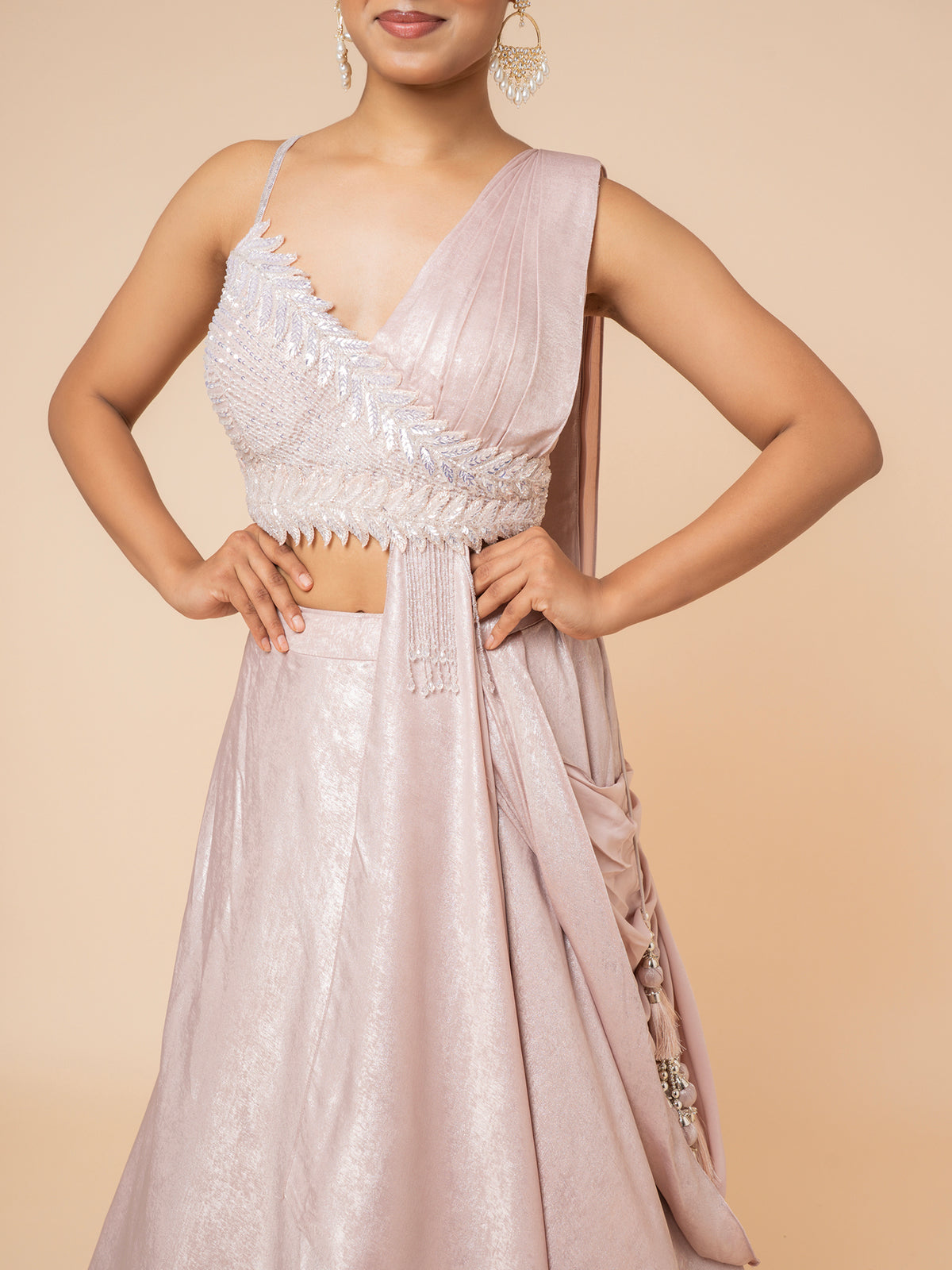 Blush Shimmer Lehenga with Embellished Asymmetrical Blouse
