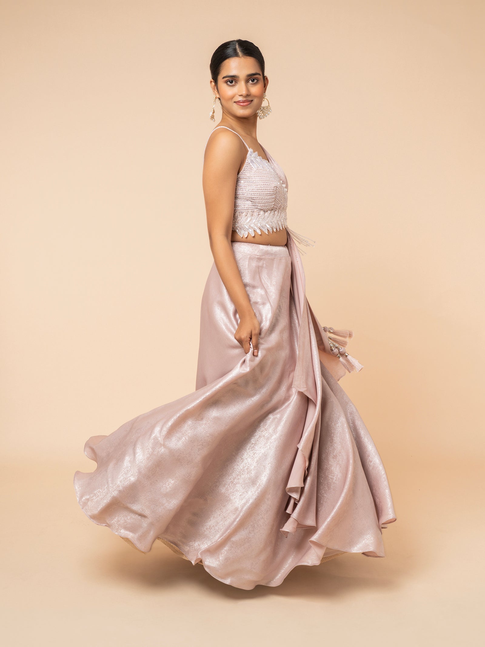 Blush Shimmer Lehenga with Embellished Asymmetrical Blouse