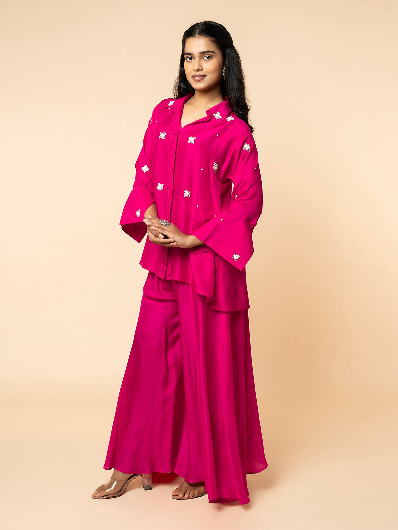 Magenta Silk Co-ord Set with Embellished Collar & Flared Silhouette