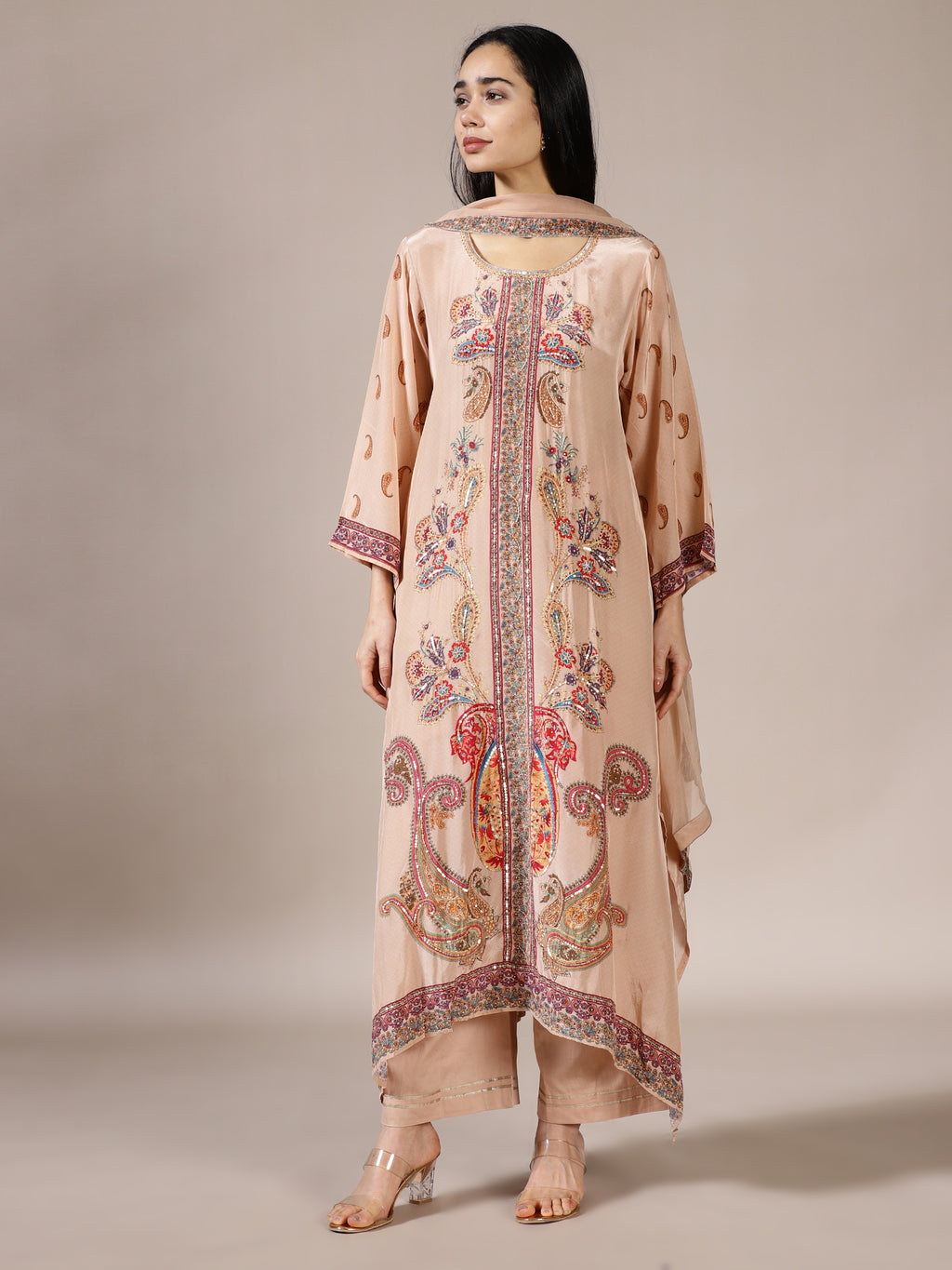 Beige Kurta Set with Detailed Paisley & Floral Kashmiri Embroidery