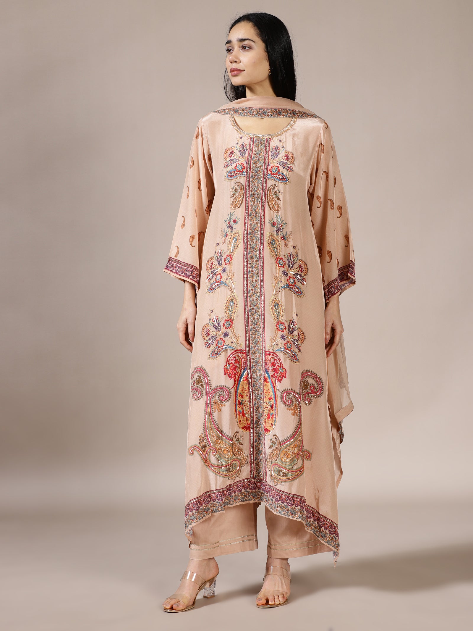 Beige Kurta Set with Detailed Paisley & Floral Kashmiri Embroidery