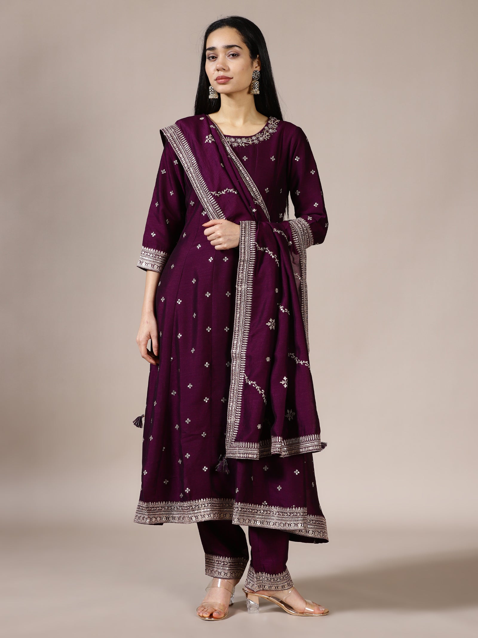 Deep Purple Gota Patti Anarkali Suit Set