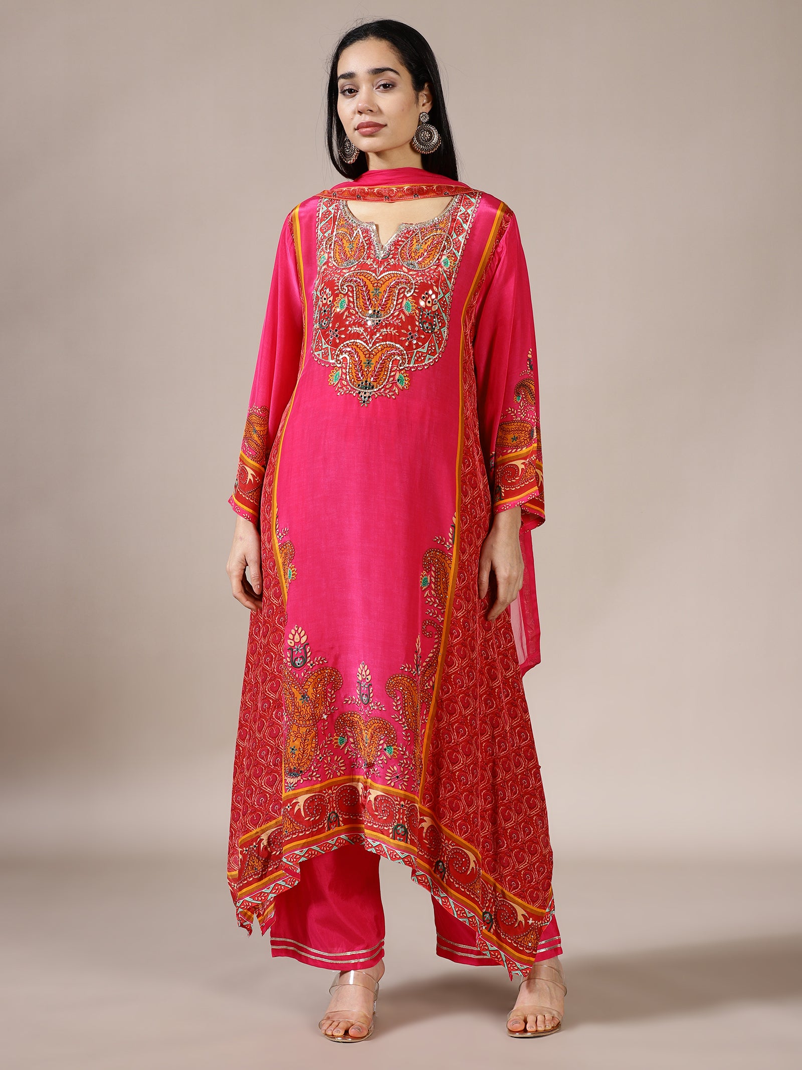Hot Pink Embroidered Kurta Set with Broad Paisley Motifs