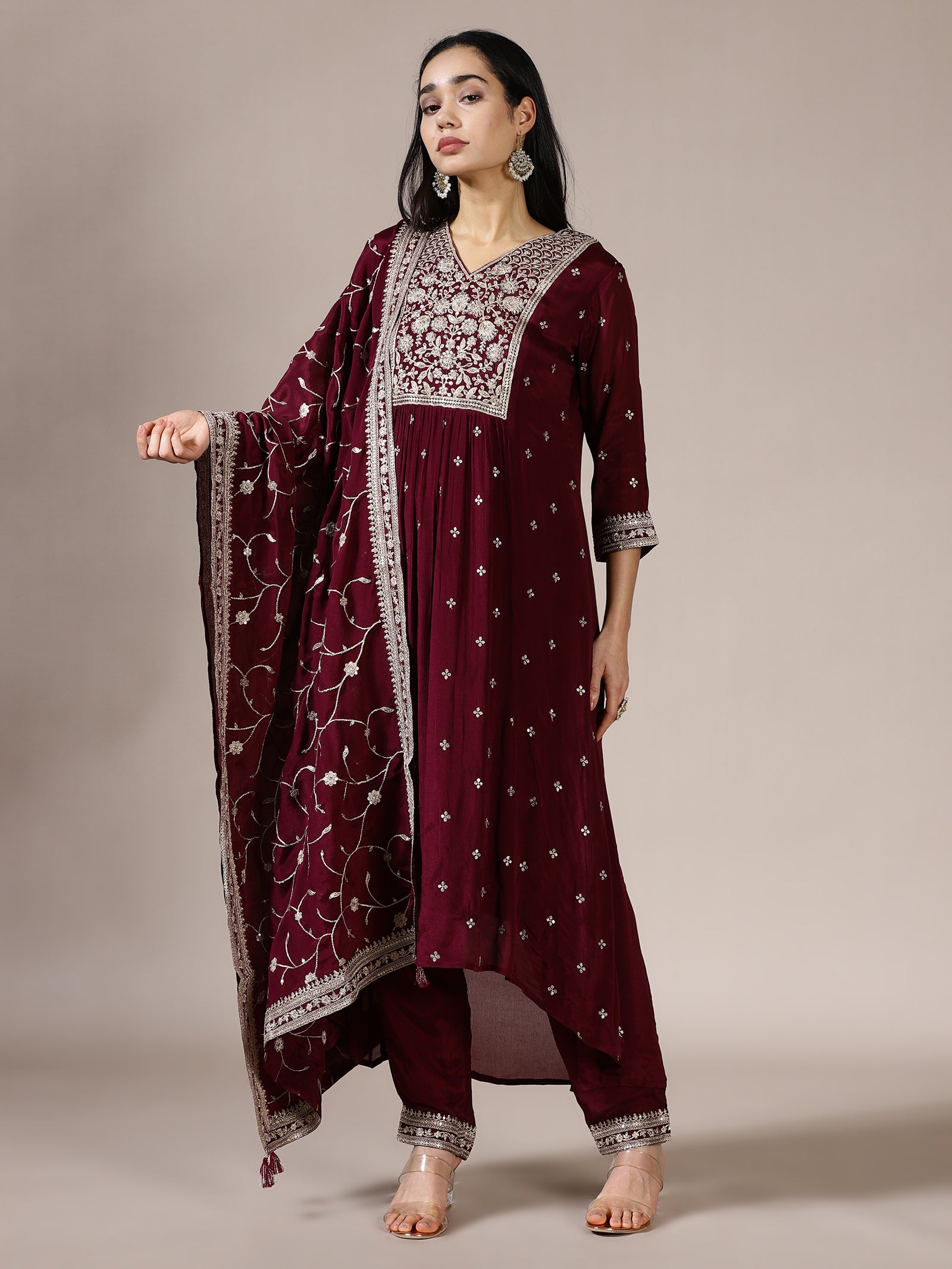 Maroon Embroidered Kurta Set