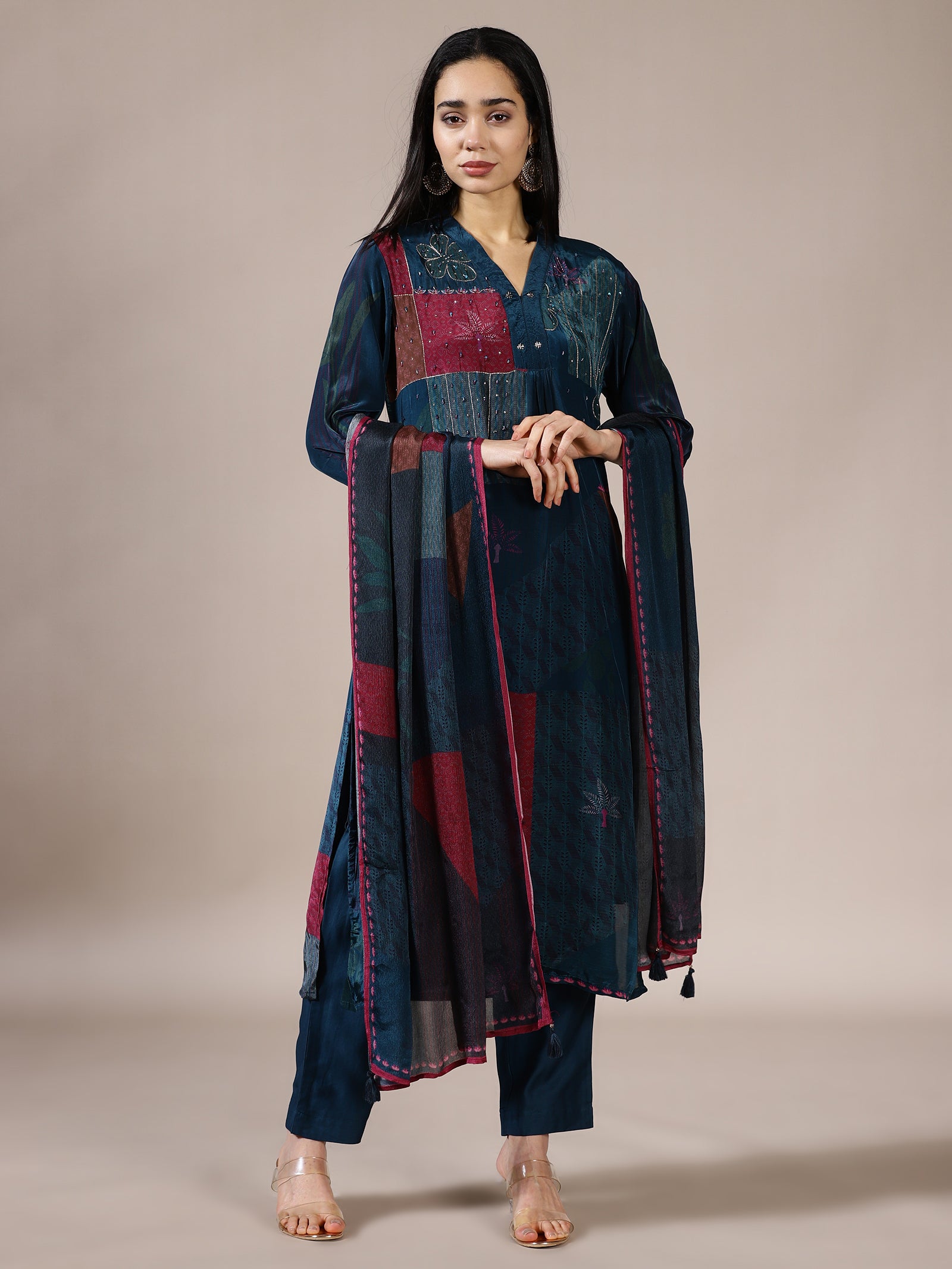 Cobalt Patchwork Chanderi Suit Set