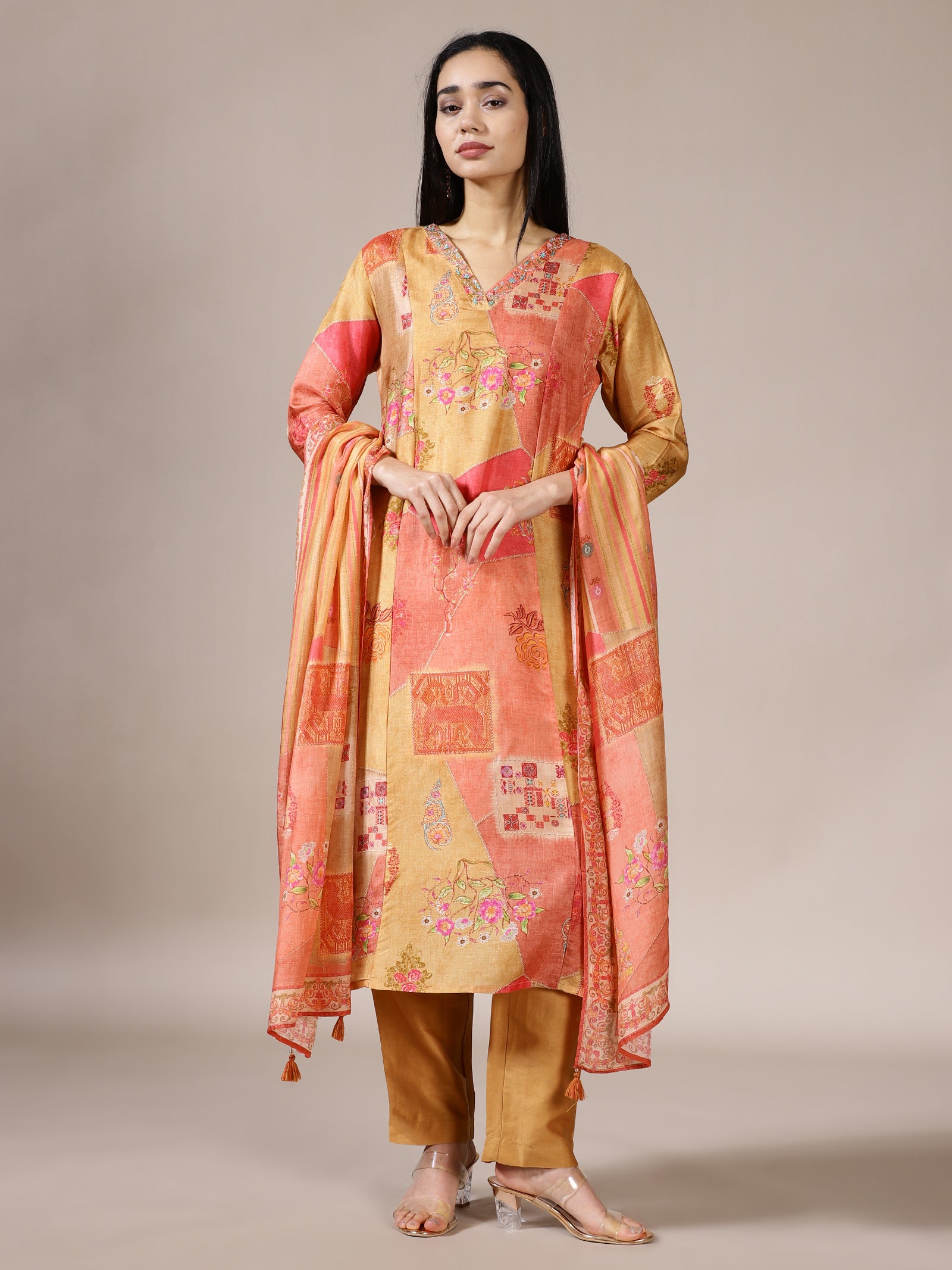 Saffron Patchwork Printed Suit Set