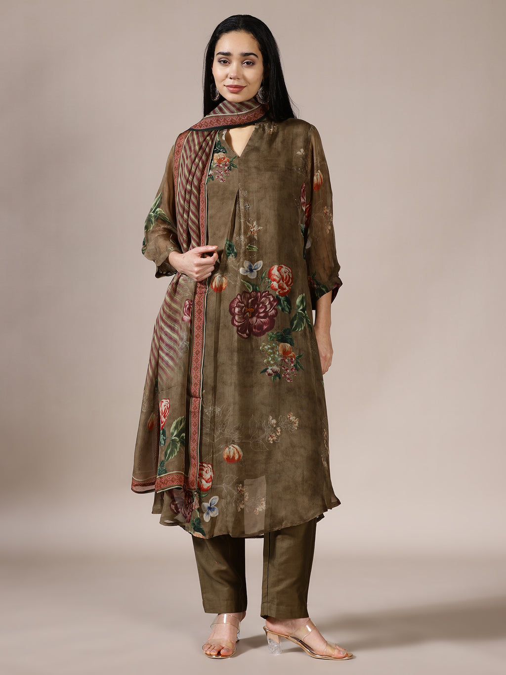 Taupe Multi-Floral Suit Set