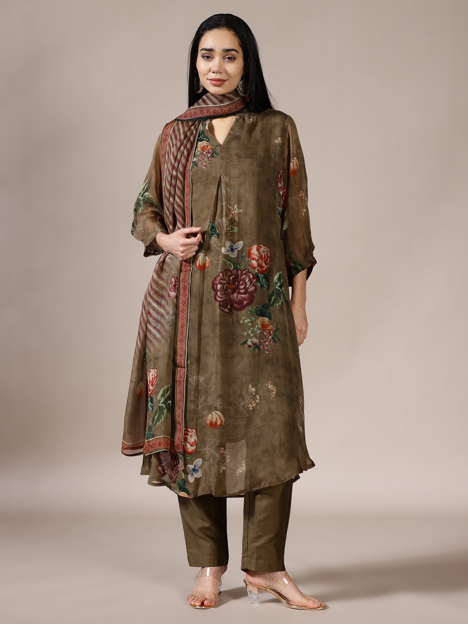 Taupe Multi-Floral Suit Set