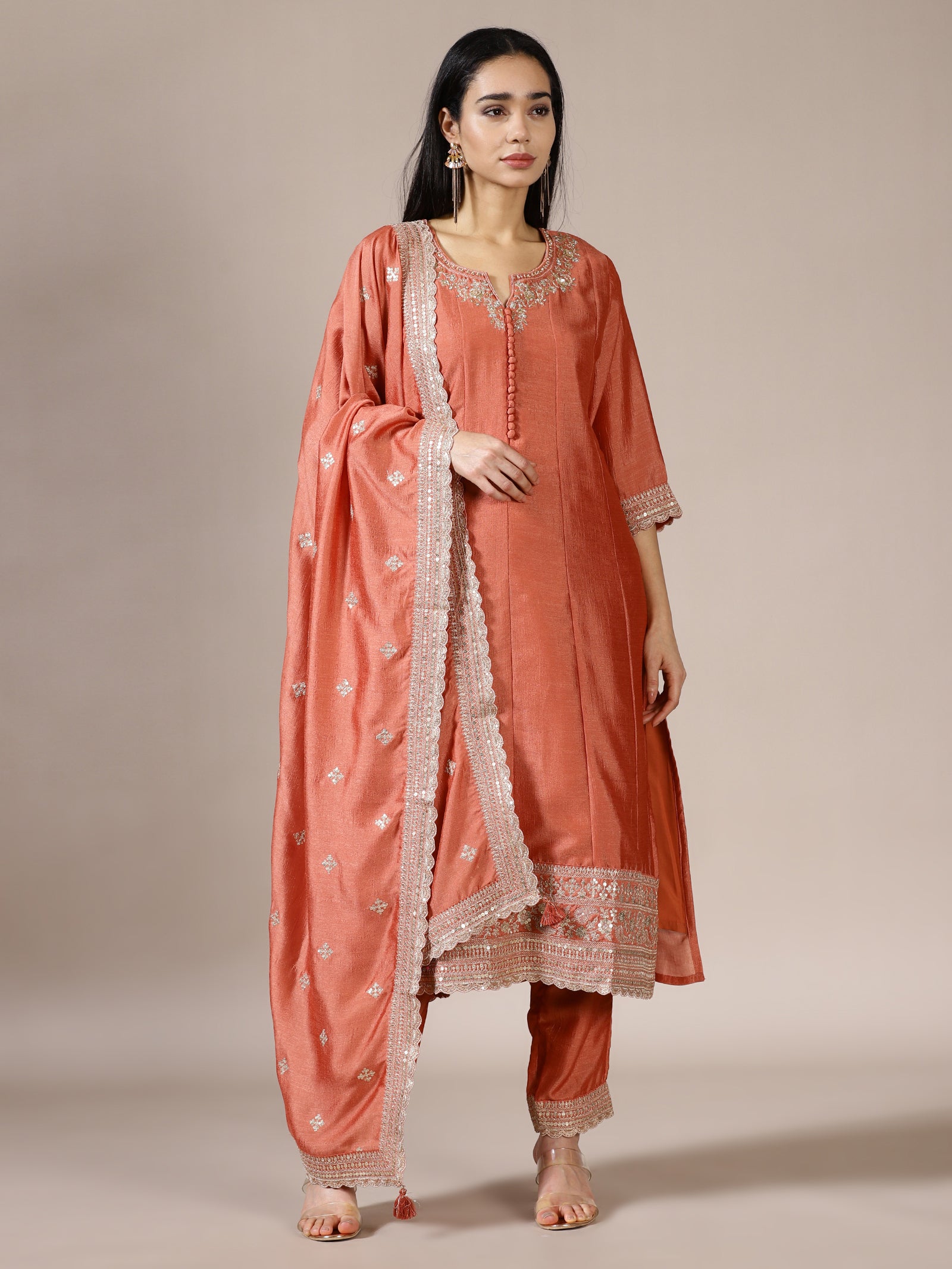 Coral Embroidered Suit Set
