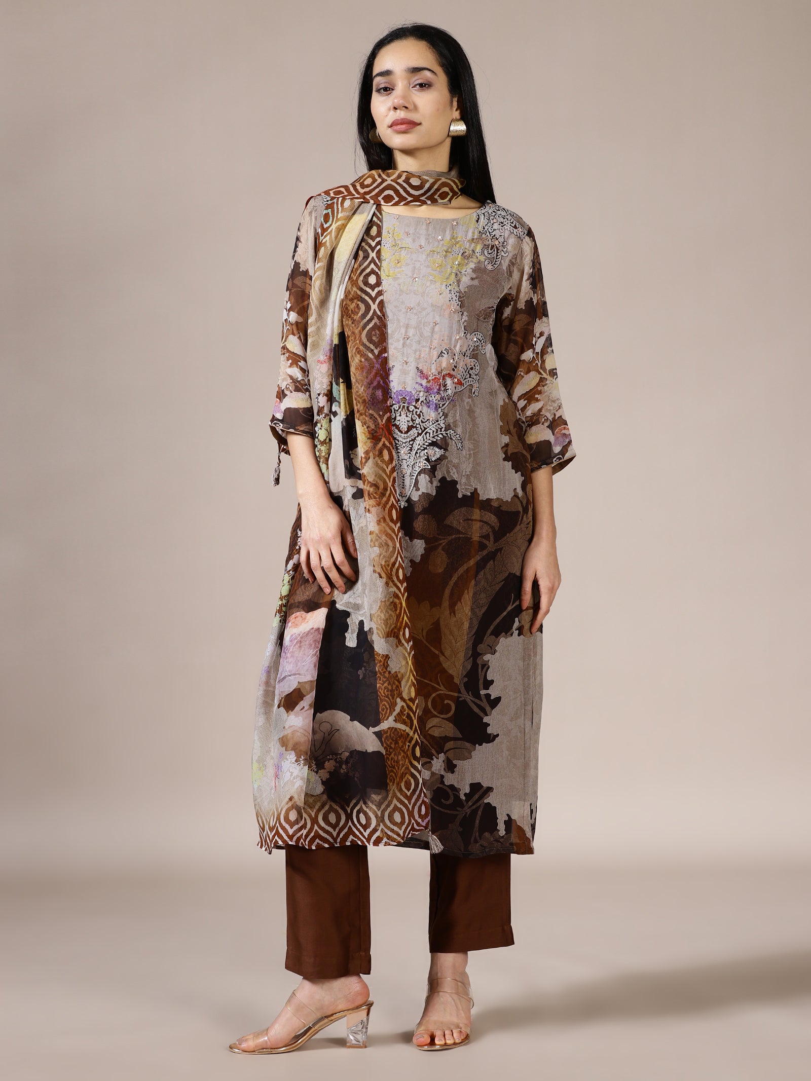 Brown Abstract Print Suit Set