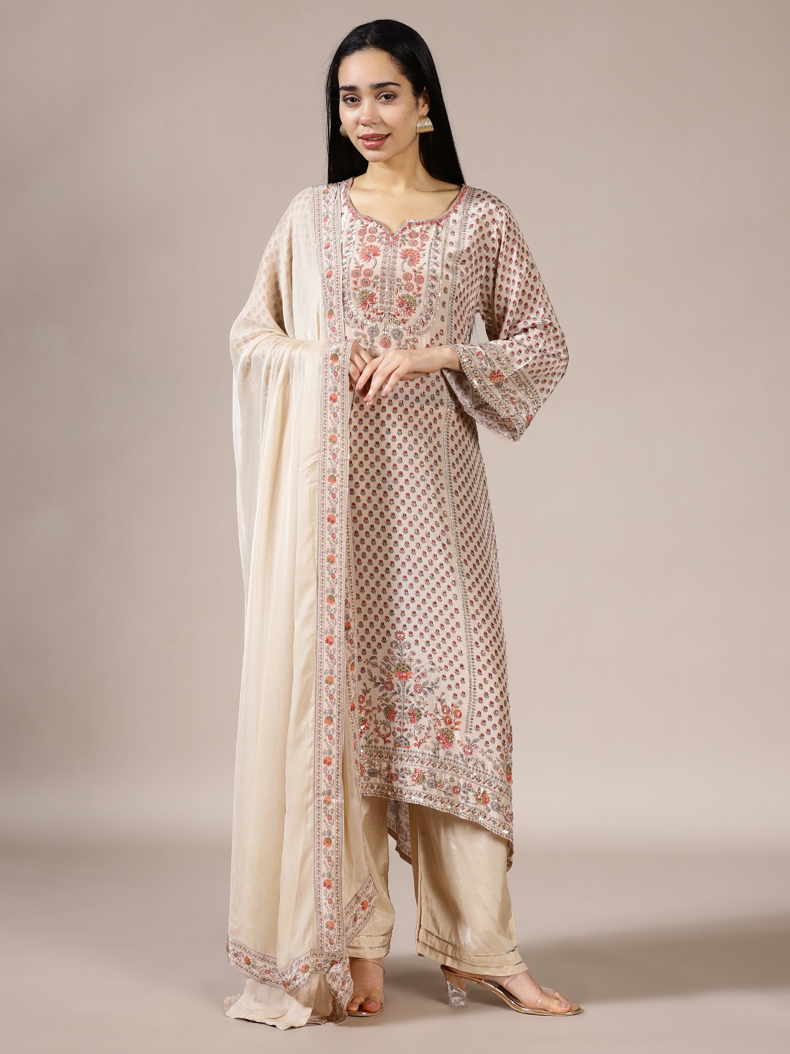 Beige Embroidered Suit Set
