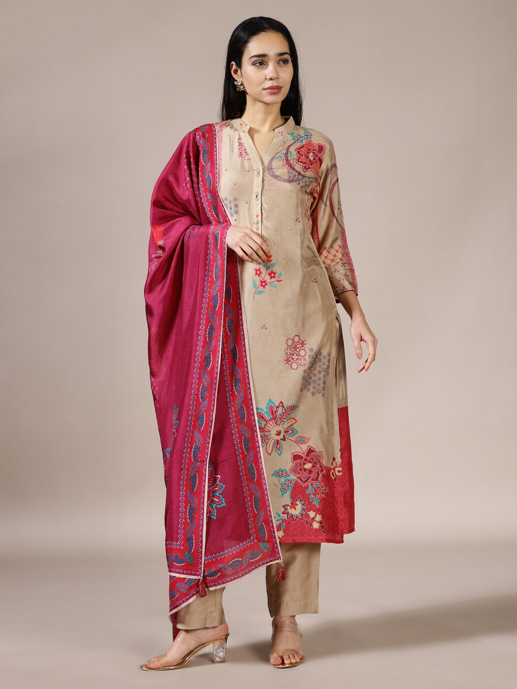 Beige Printed Kurta Set With Contrast Dupatta