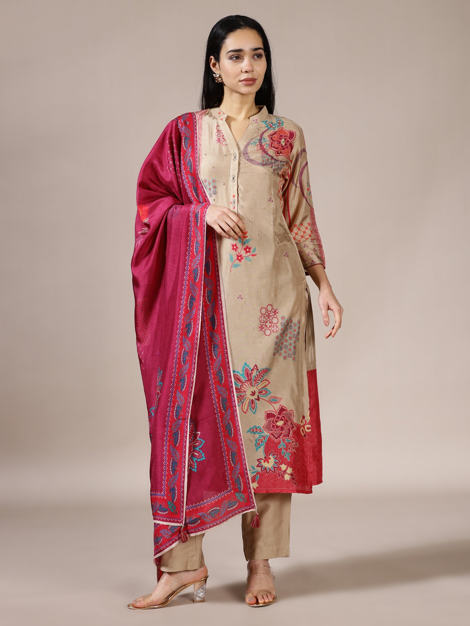 Beige Printed Kurta Set With Contrast Dupatta