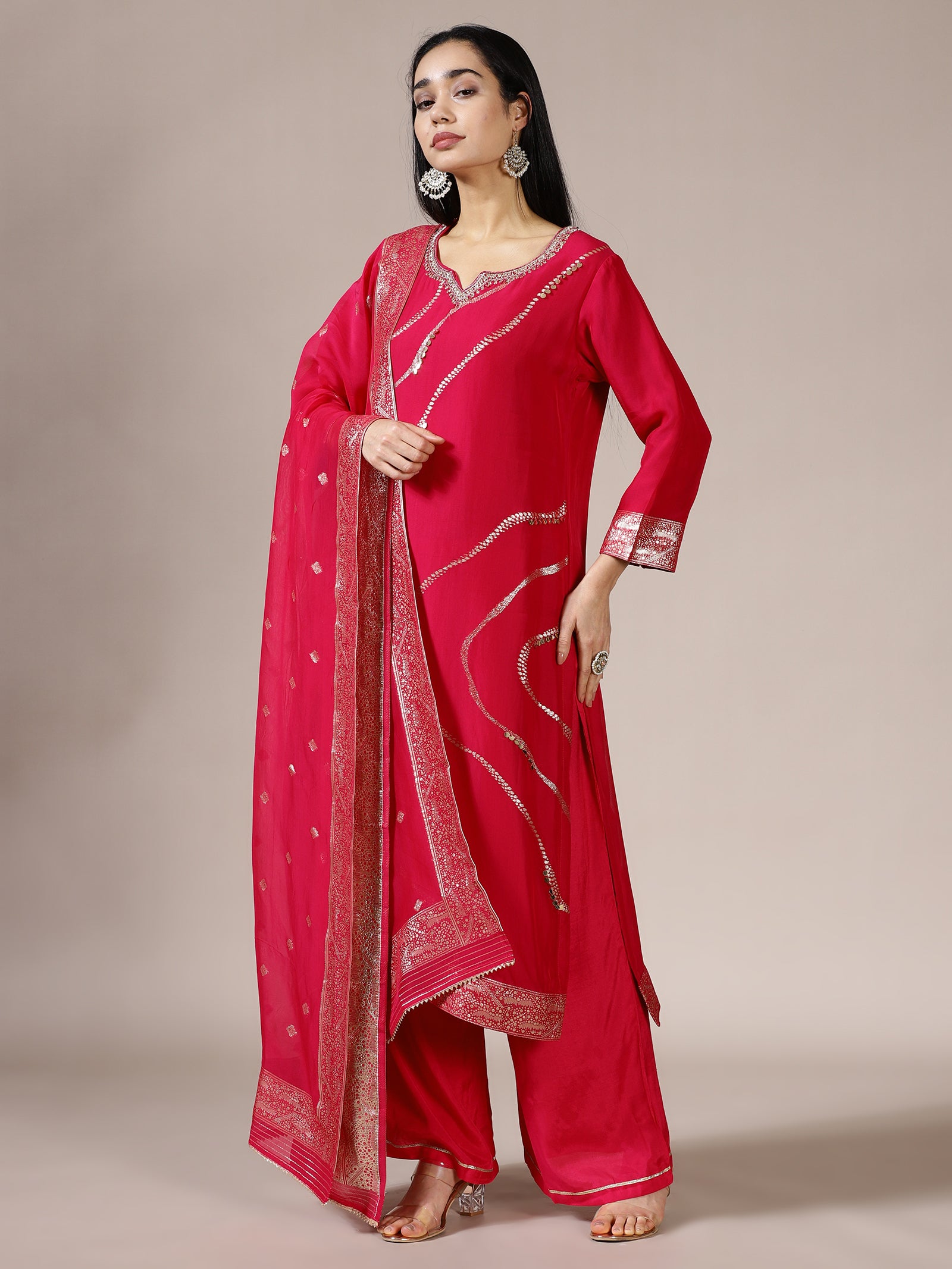 Magenta Solid Kurta Set with Contemporary Silver Sequin Detailing