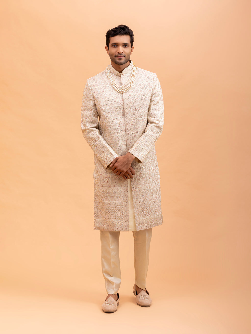 Beige Diamond Embroidered Sherwani Set