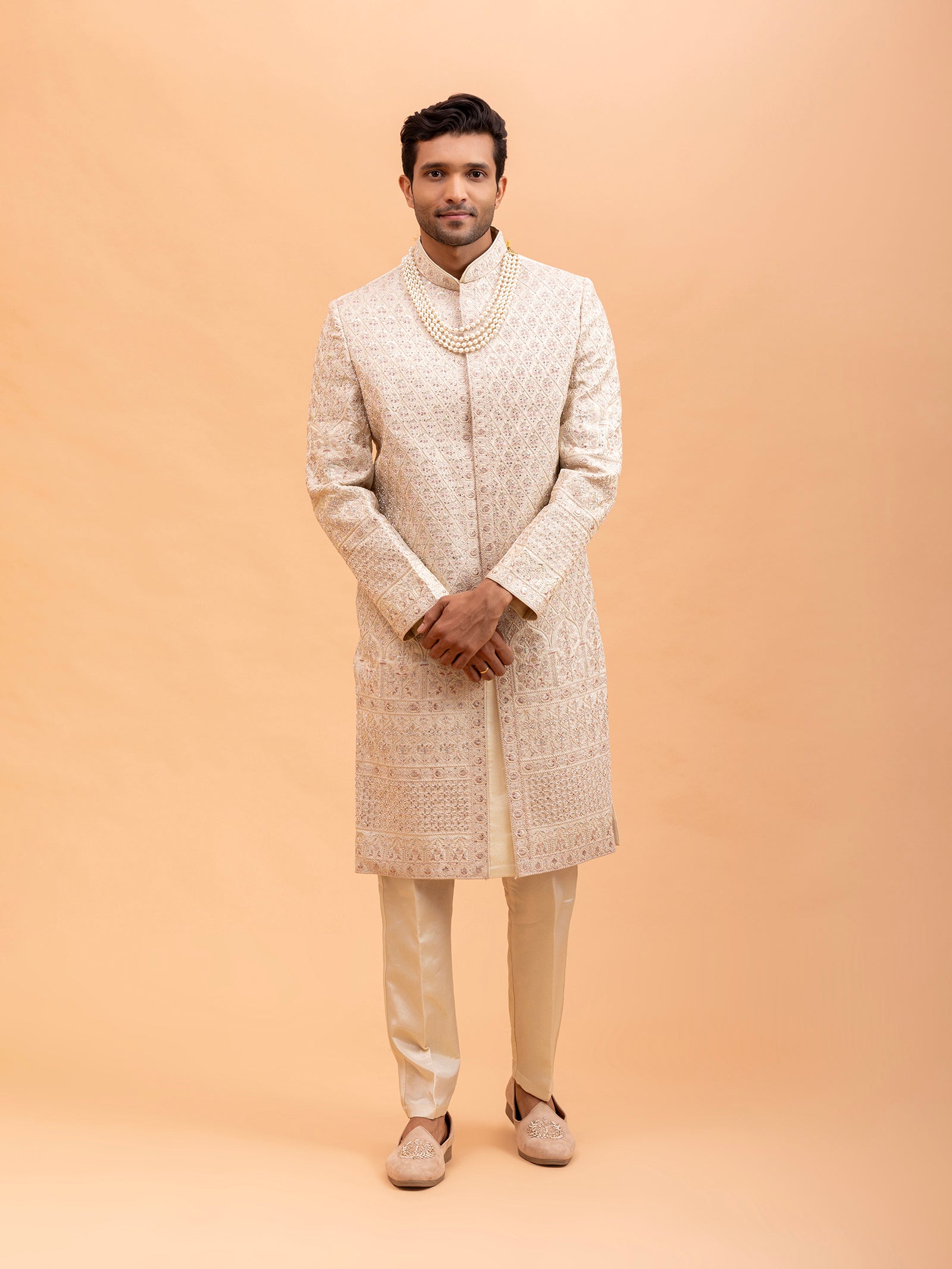 Beige Diamond Embroidered Sherwani Set