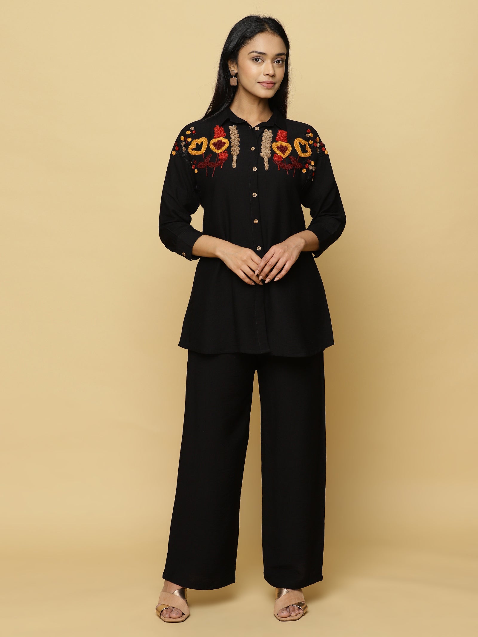 Black Embroidered Shirt Co-ord Set