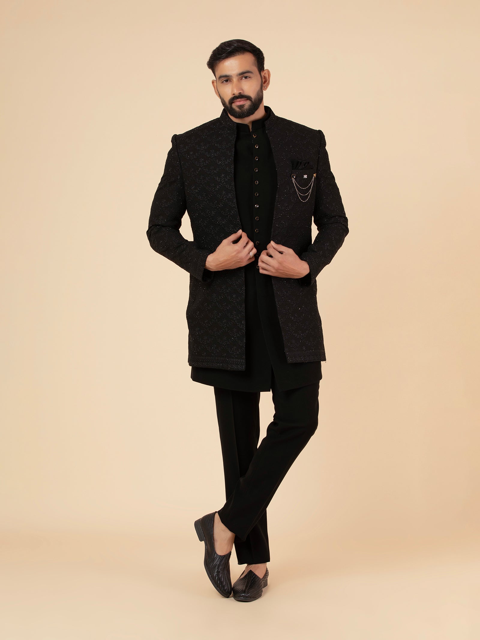 Onyx Arabesque Threadwork Indowestern Set
