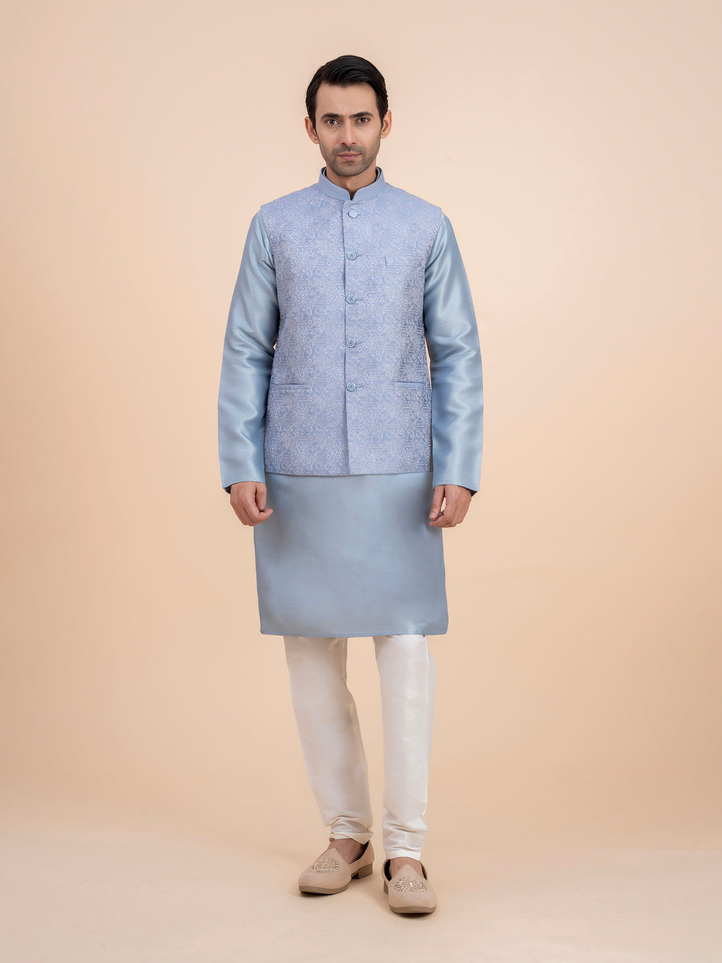 Dusty Blue Embroidered Nehru Jacket