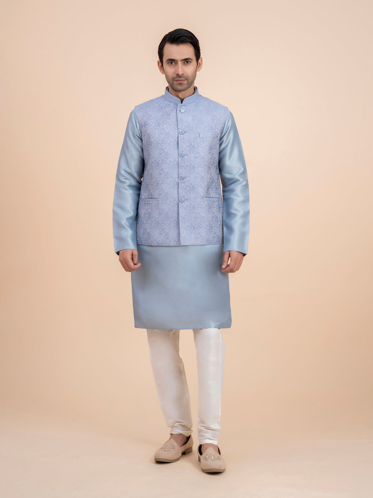 Dusty Blue Embroidered Nehru Jacket