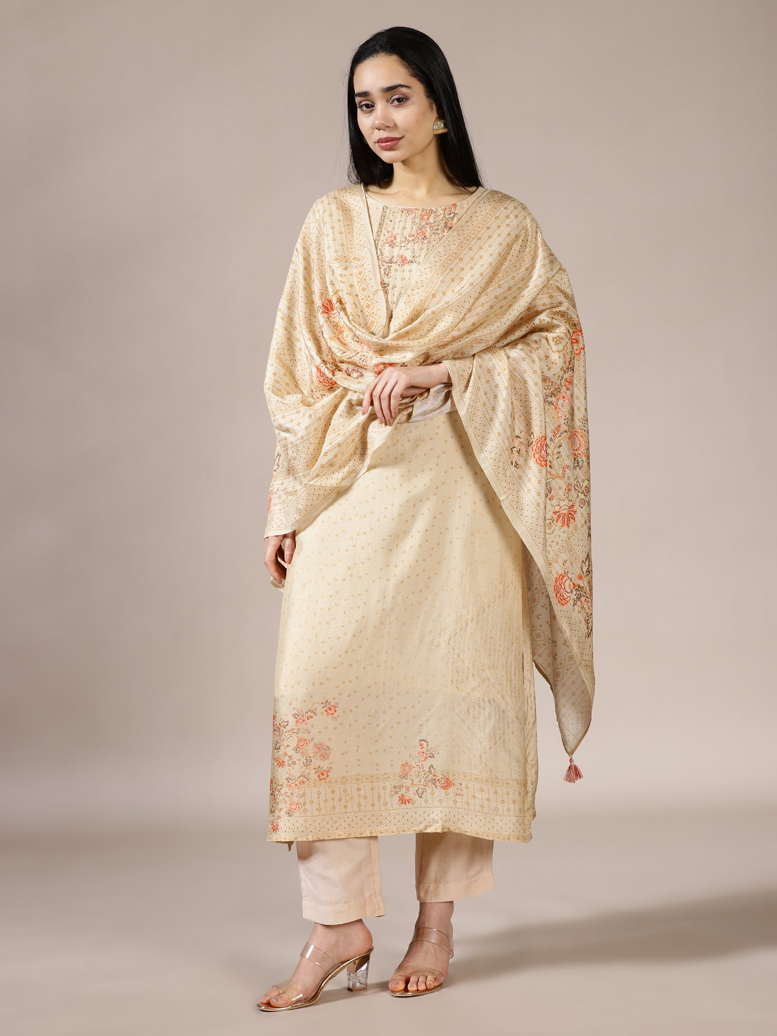 Beige Floral Print Suit Set