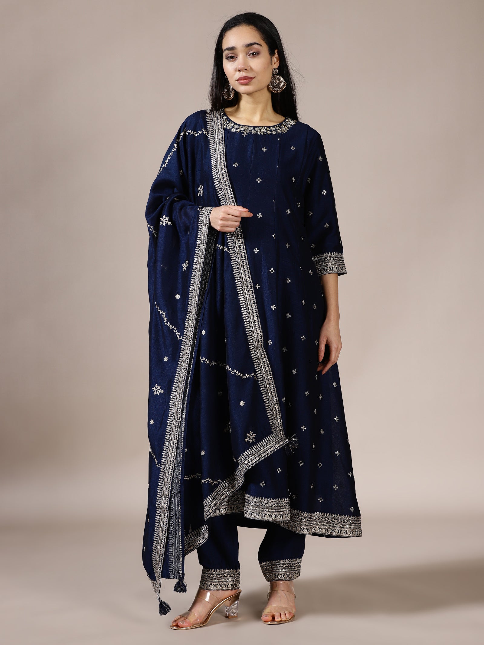 Navy Blue Embroidered Silk Suit Set
