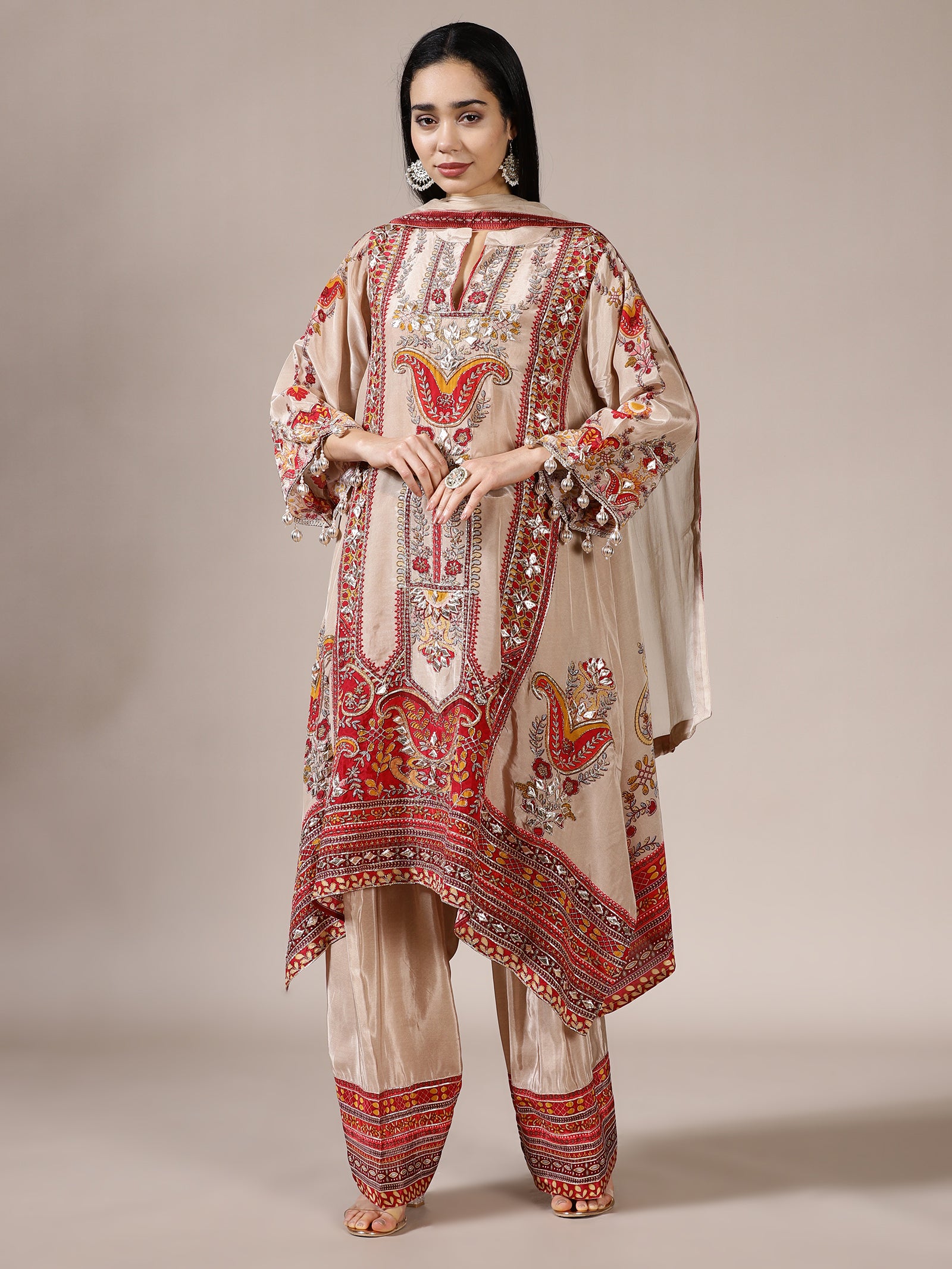 Khaki Paisley Tassel Sleeve Suit Set