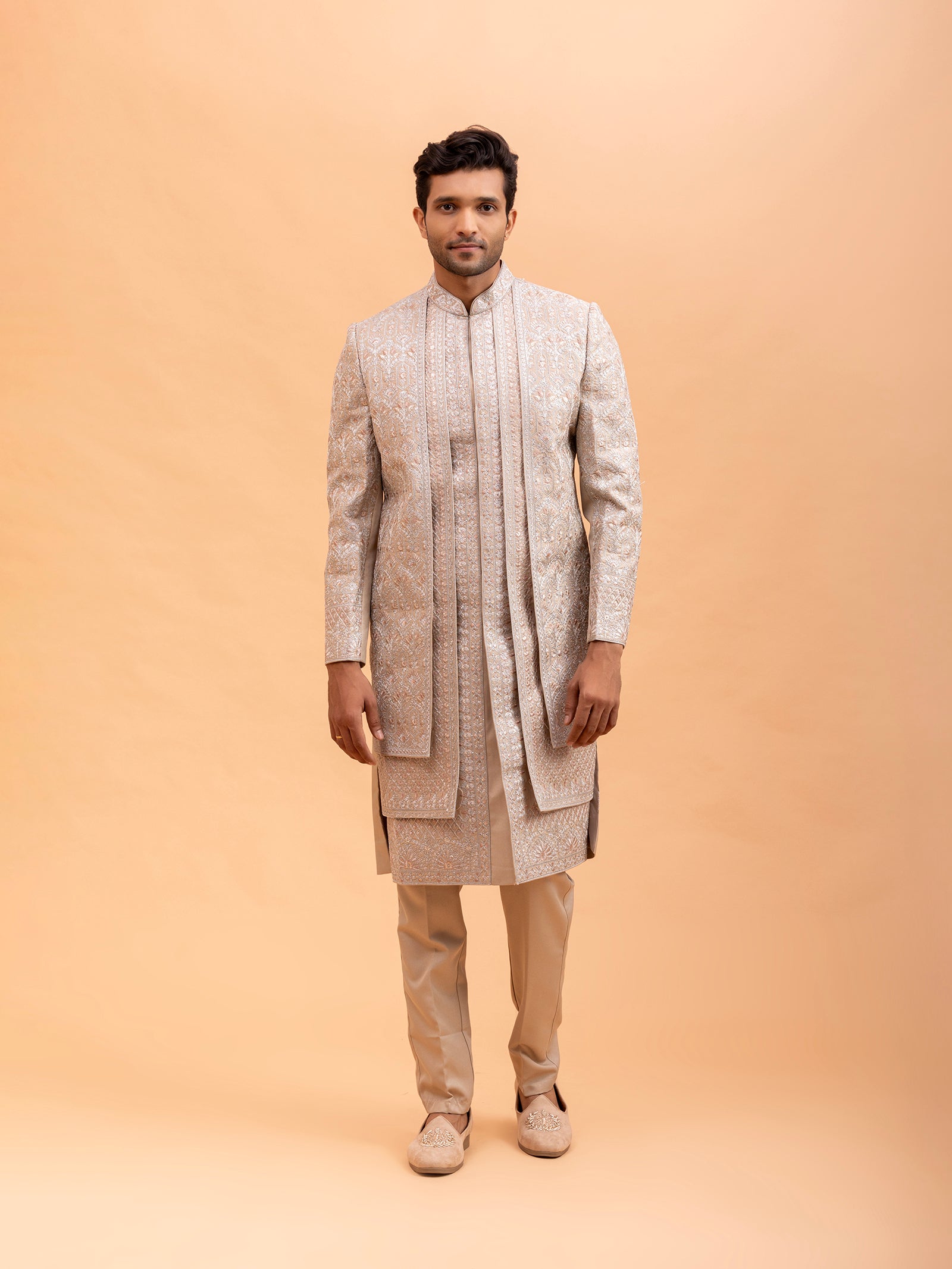Beige Floral Embroidered Sherwani Set