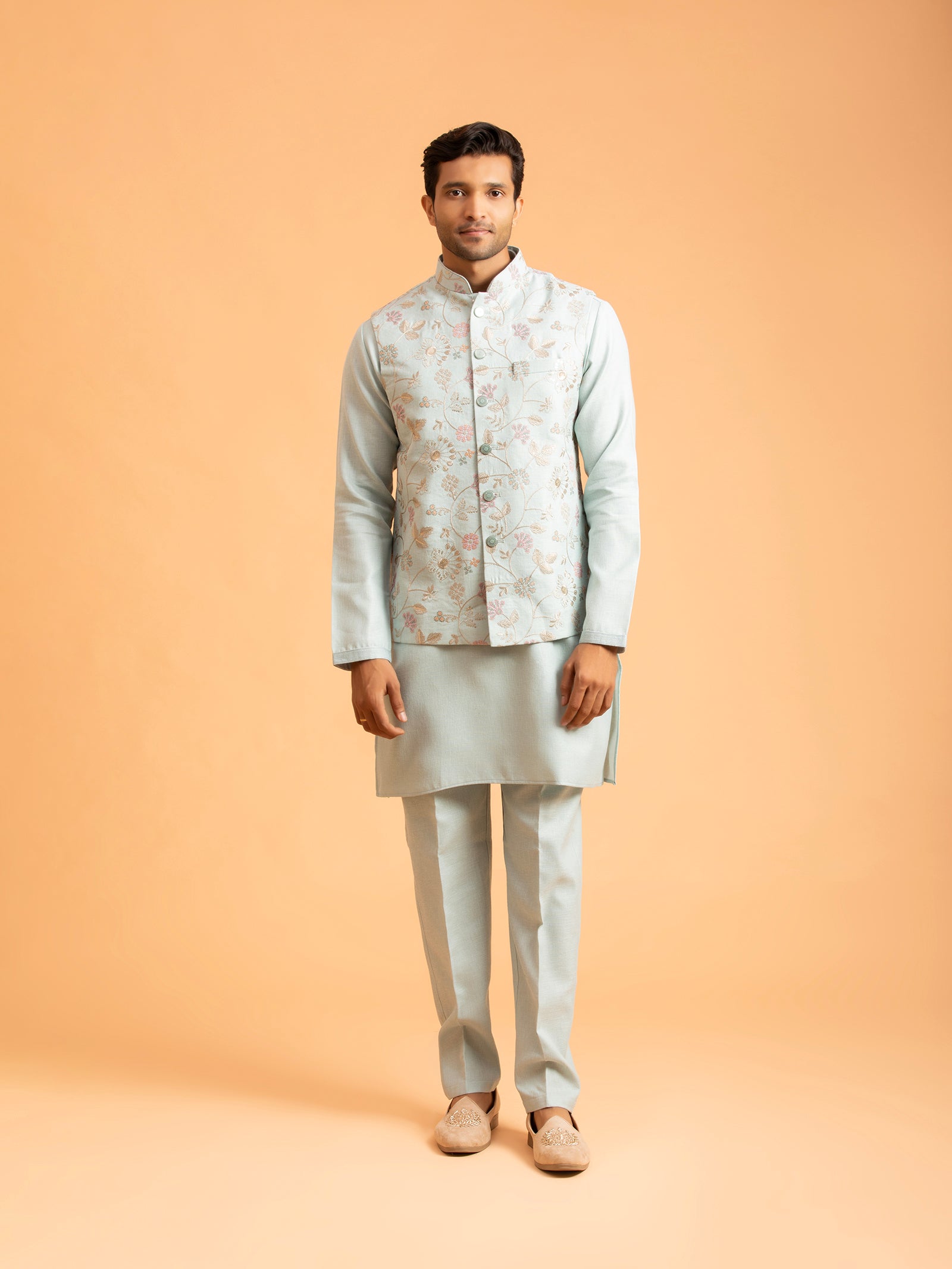 Azure Serenity Floral Embroidered Nehru Jacket Set