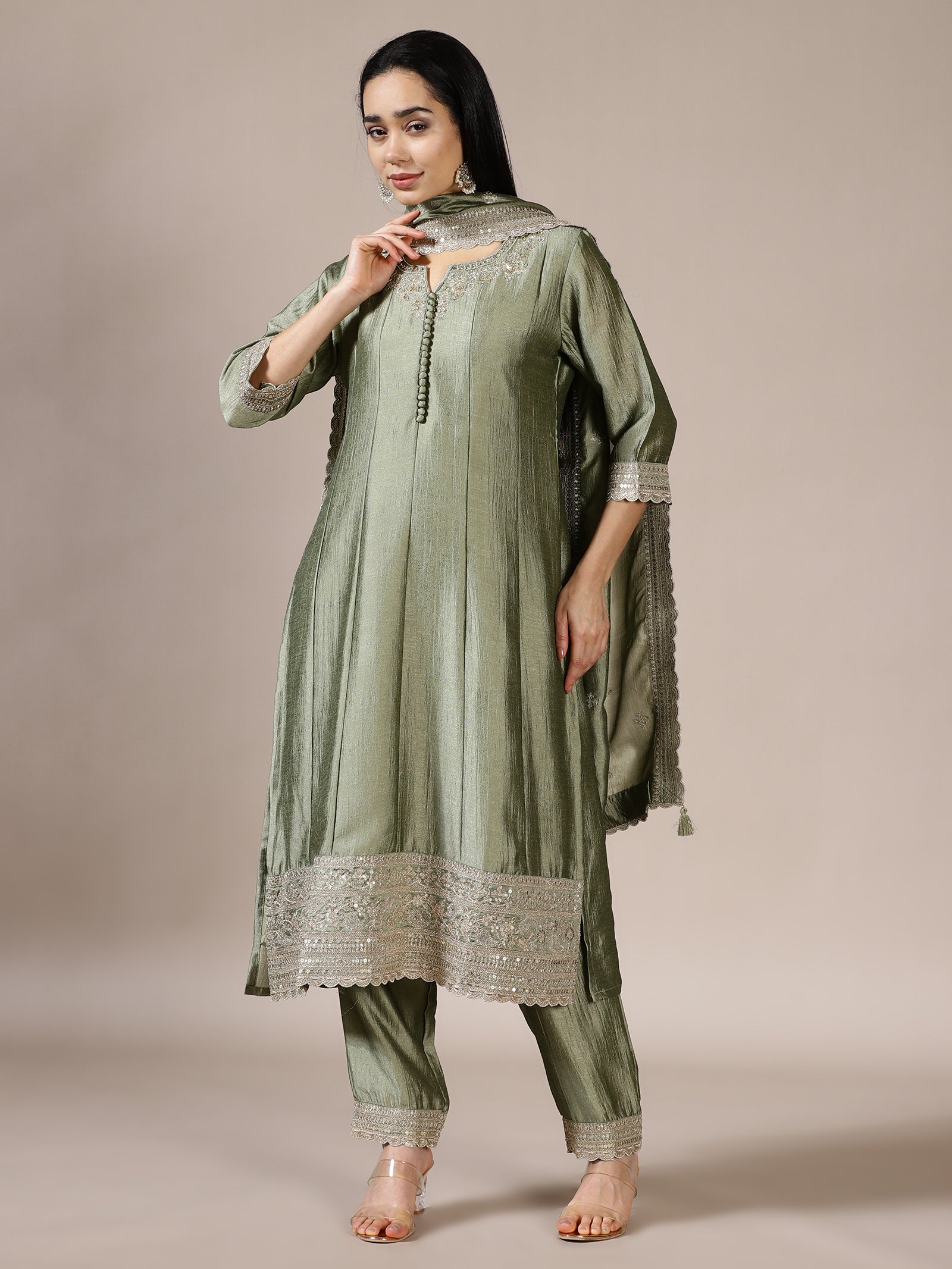 Light Sage Silk Pleated Embroidered Set