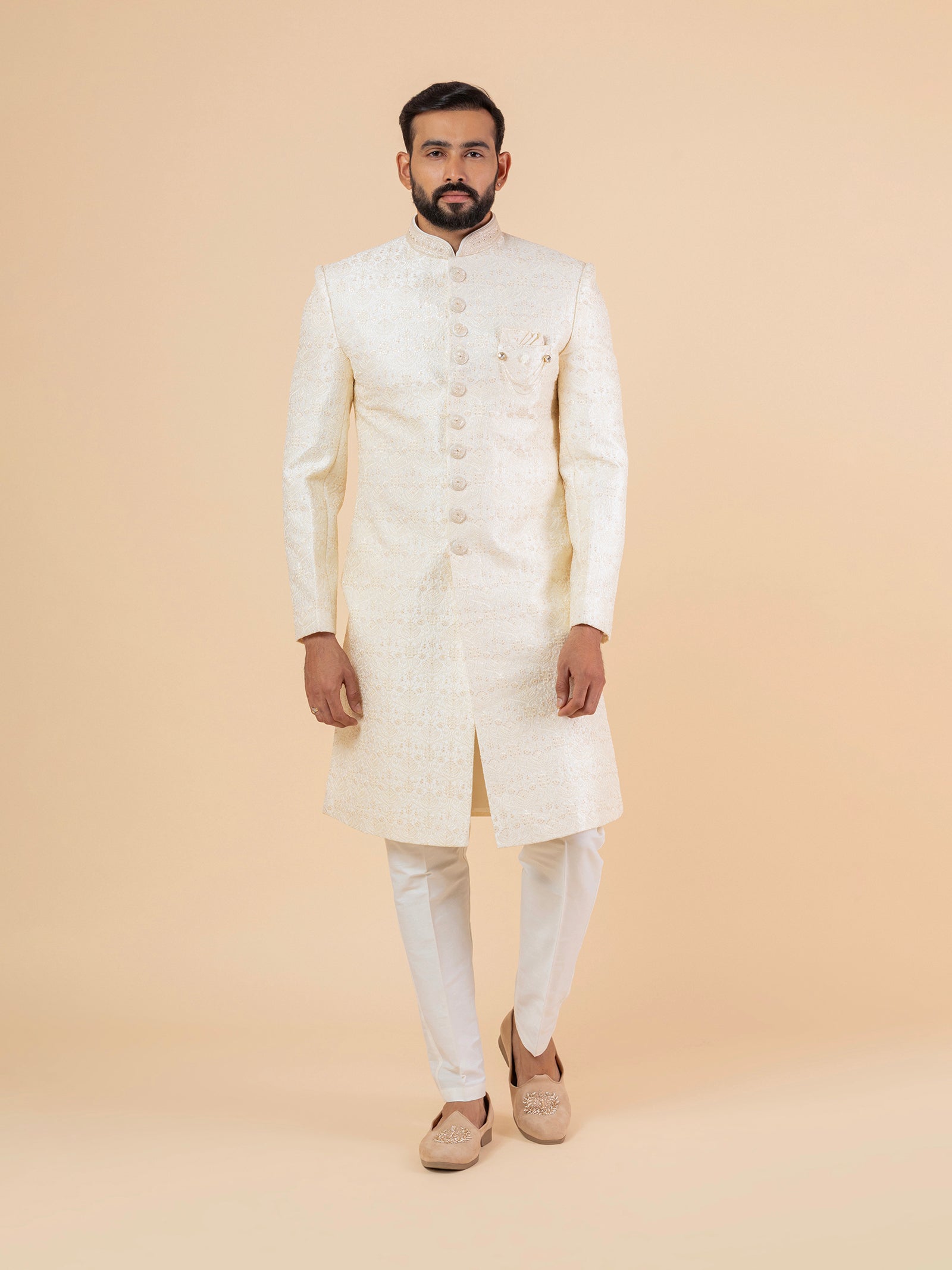 Slate Grey Minimalist Embroidered Sherwani Set
