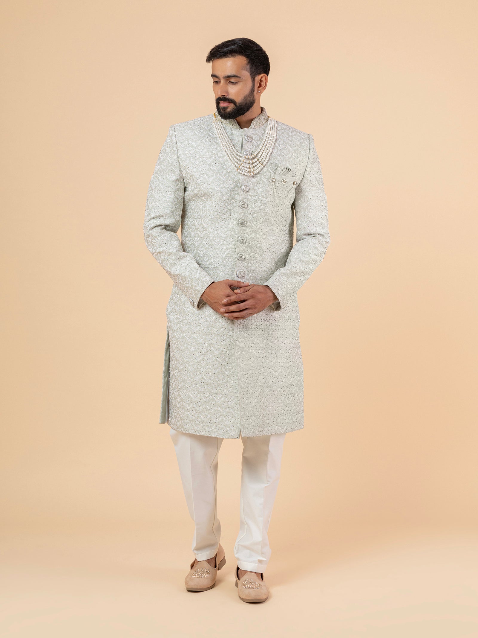 Sage Grey Minimalist Embroidered Sherwani