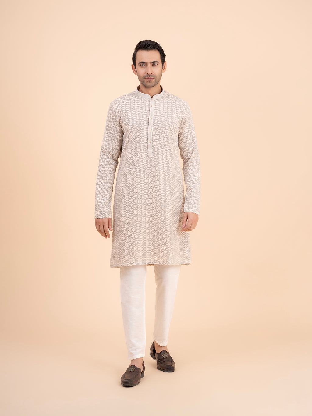 Soft Taupe Chikankari Embroidred Kurta Set