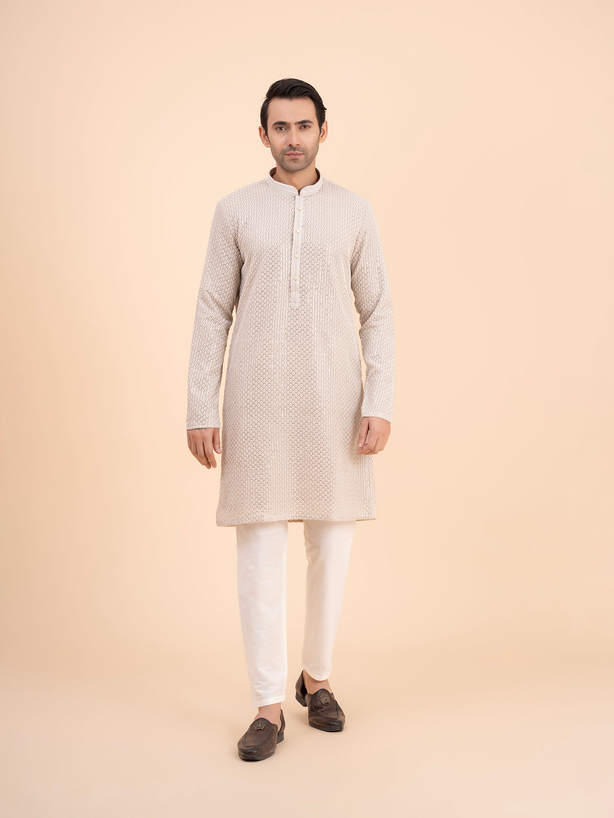 Soft Taupe Chikankari Embroidred Kurta Set