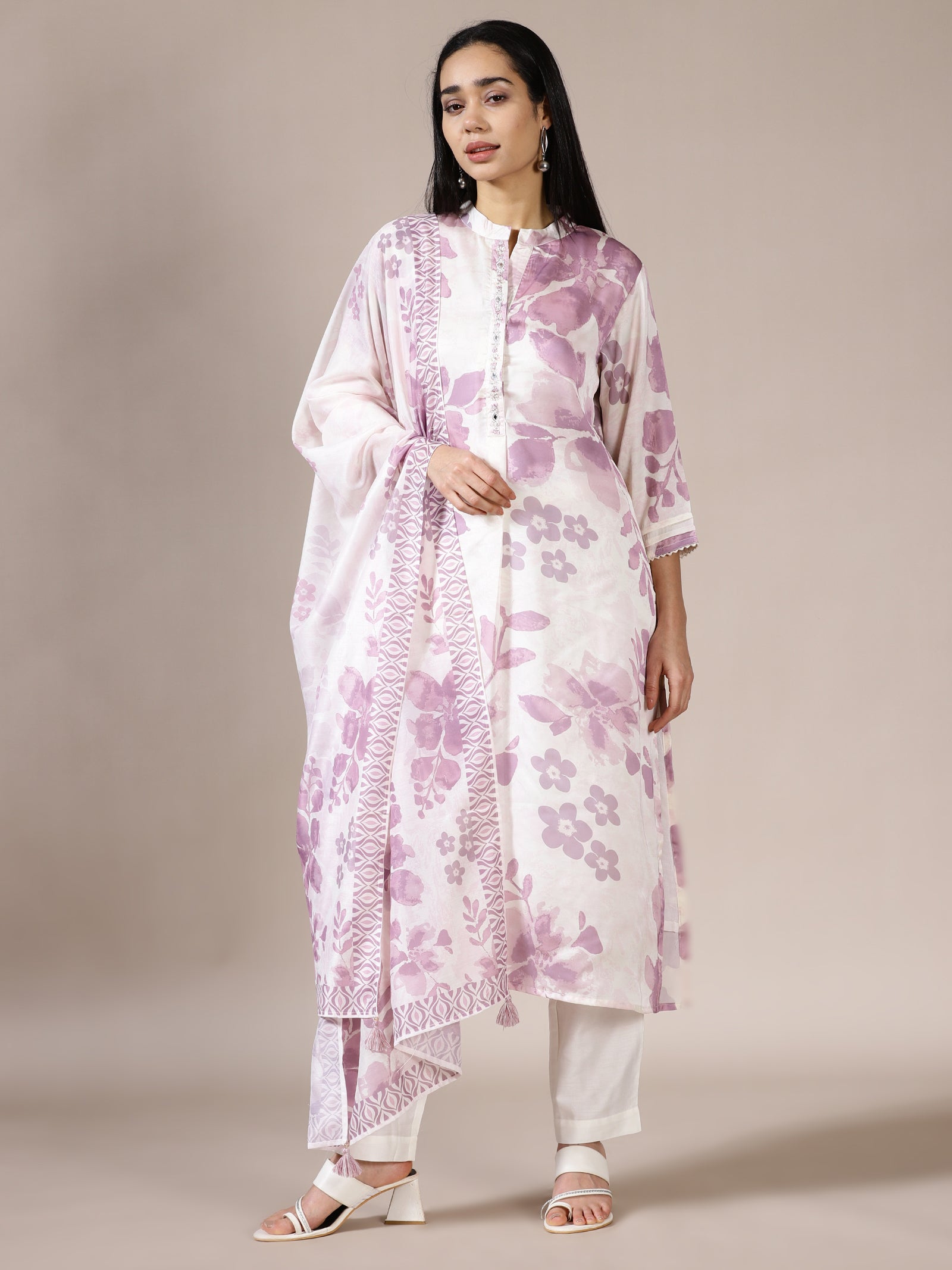 White and Lavender Floral Print Suit Set