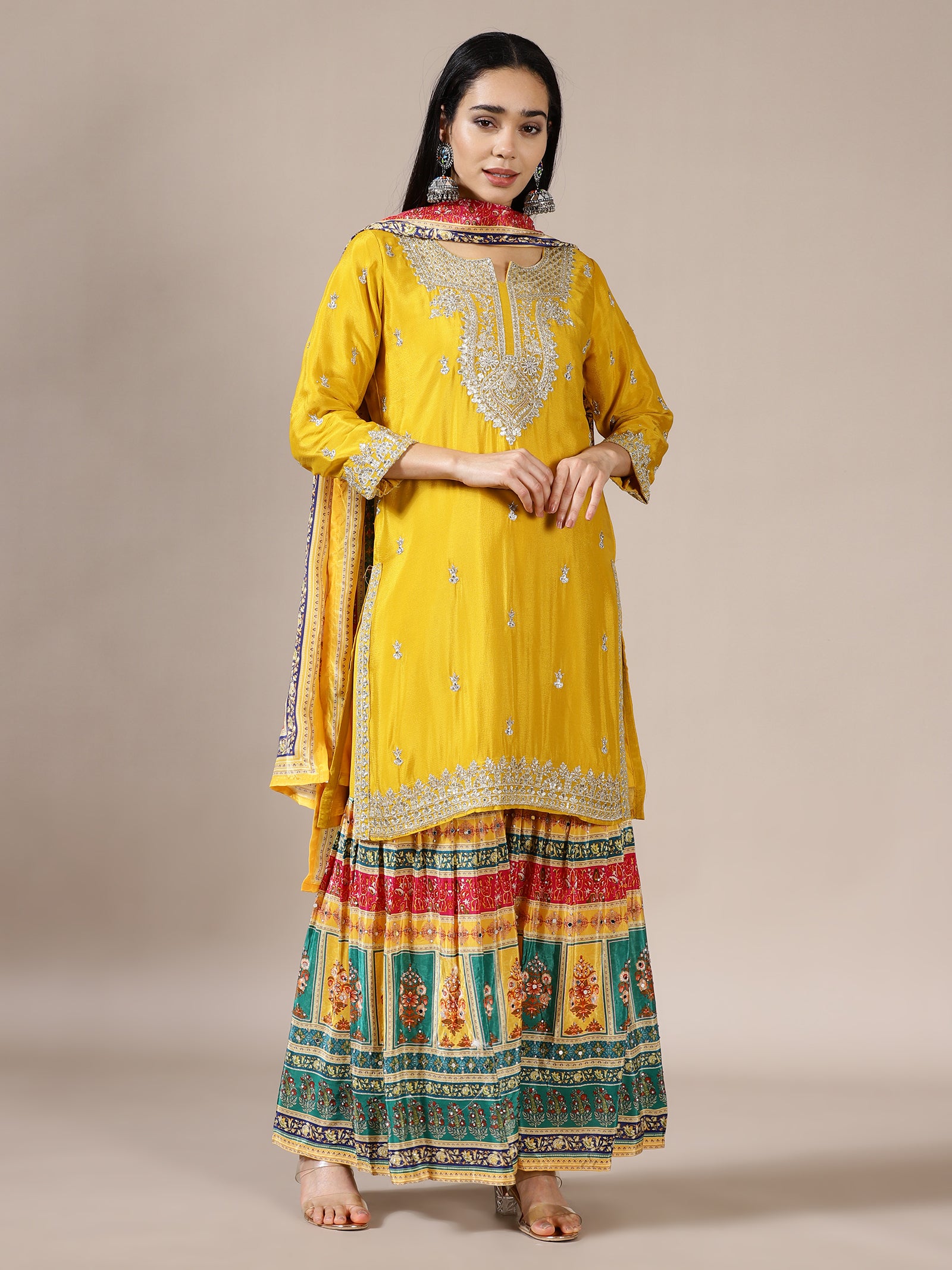 Mustard Zari Kurta with Printed Gharara Set