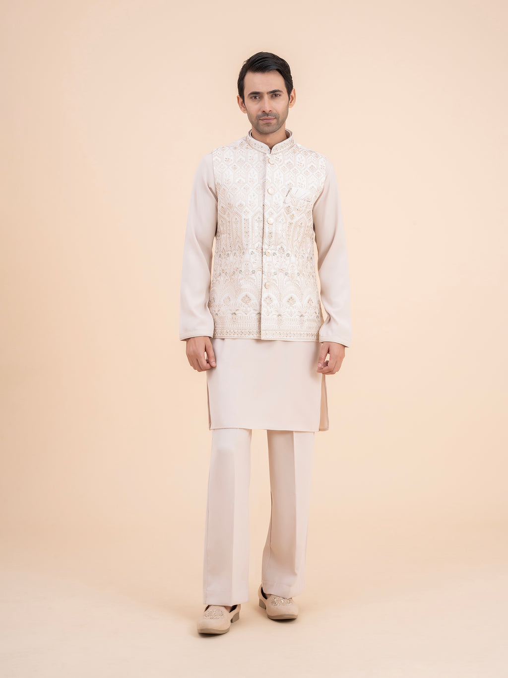 Cream Heavy Embroidered Nehru Jacket