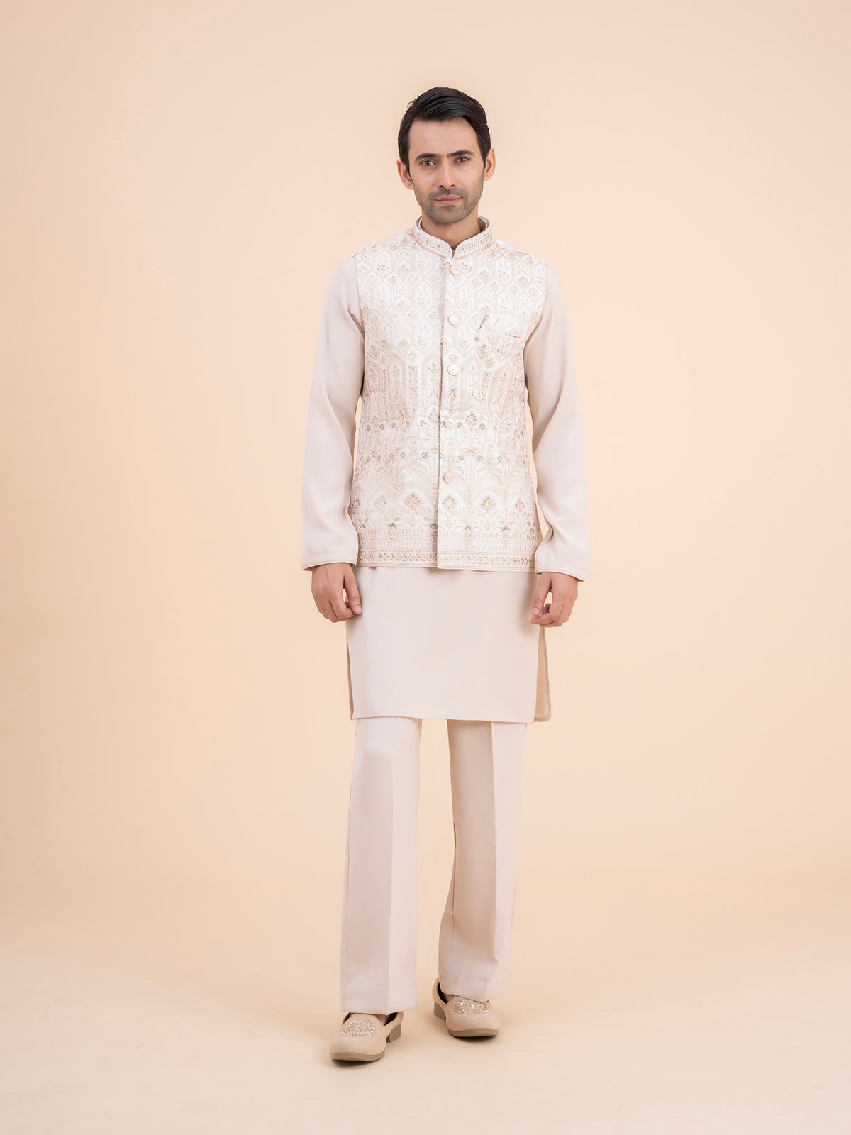 Cream Heavy Embroidered Nehru Jacket