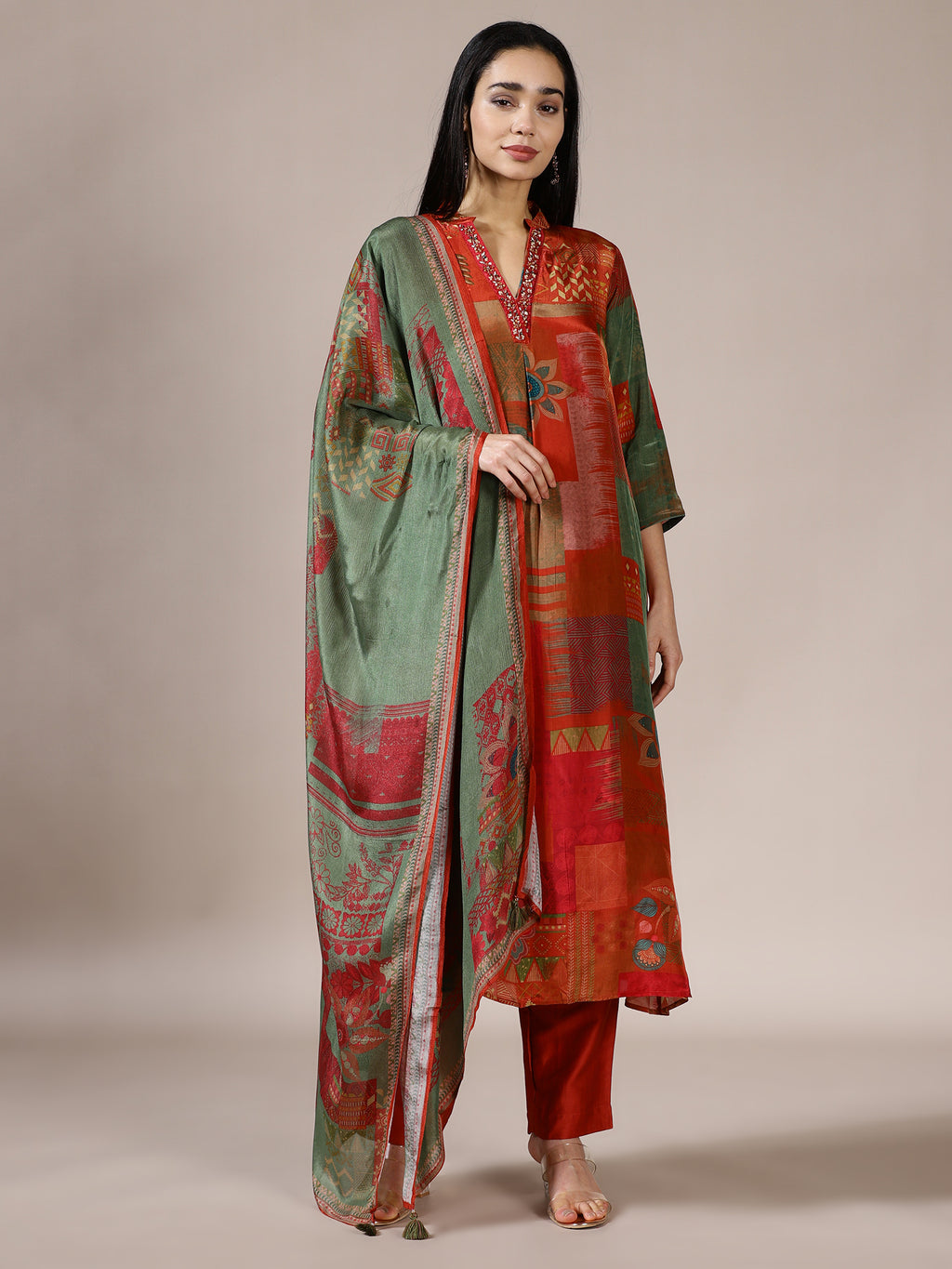 Rust and Sage Geometric Print Suit Set