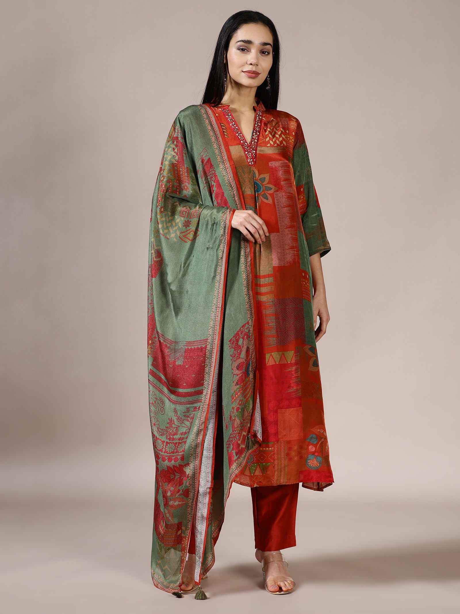 Rust and Sage Geometric Print Suit Set