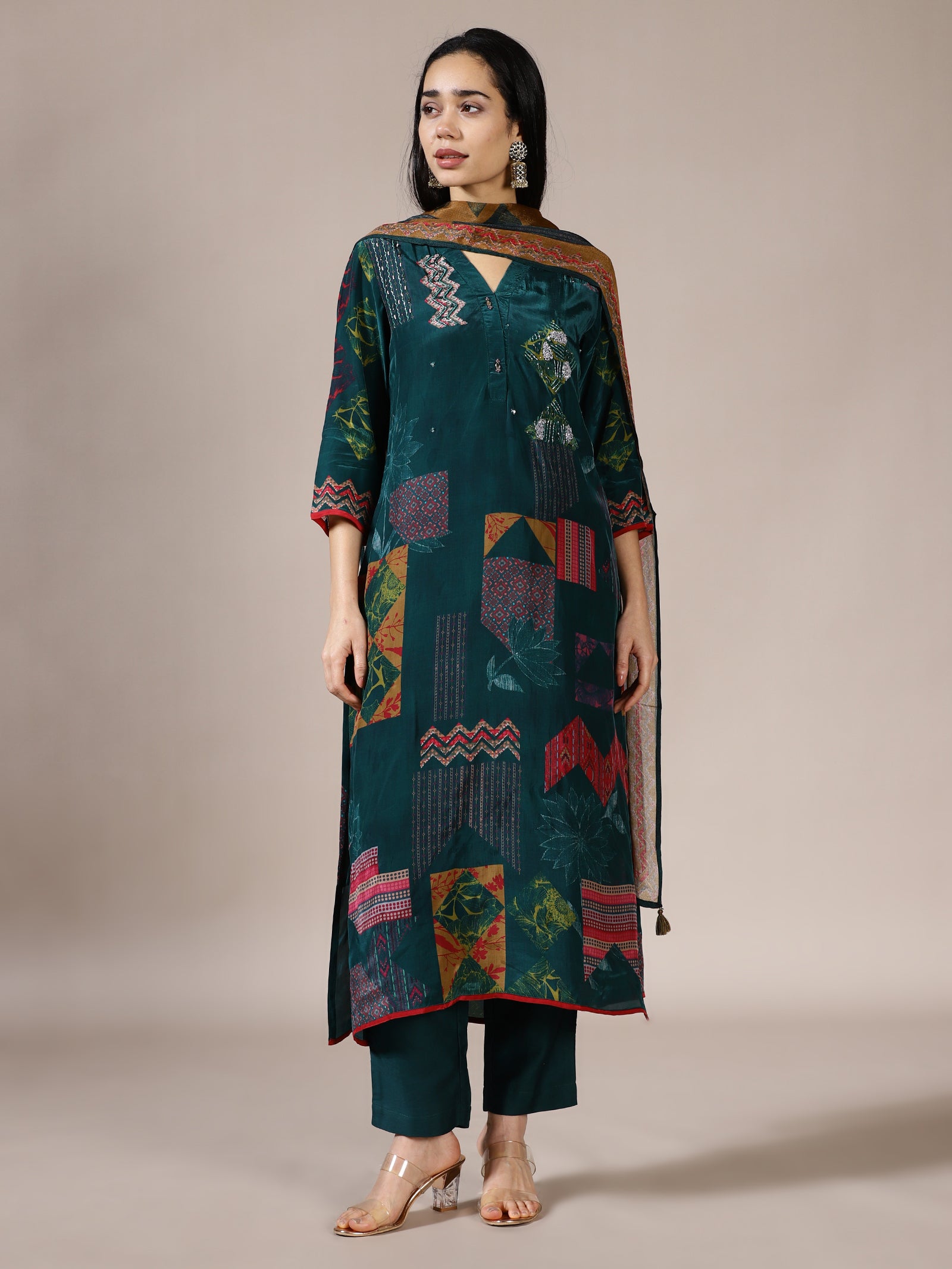 Teal Patchwork Print Suit Set