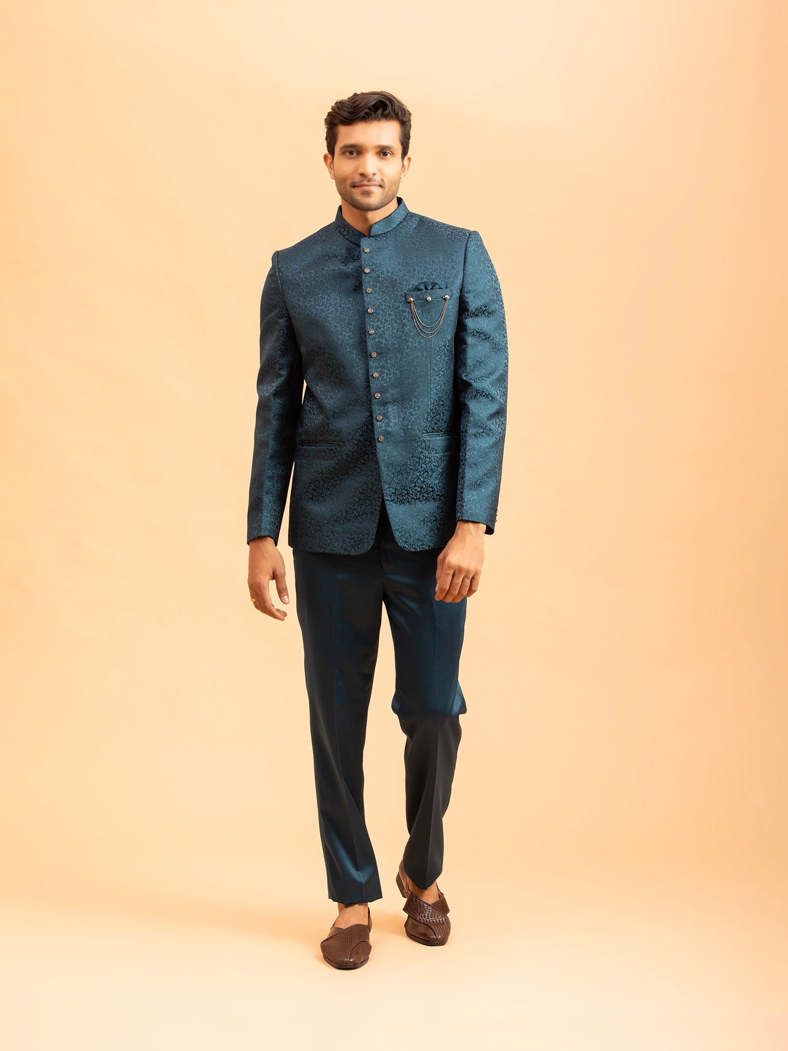 Deep Teal Floral Jacquard Jodhpuri Set