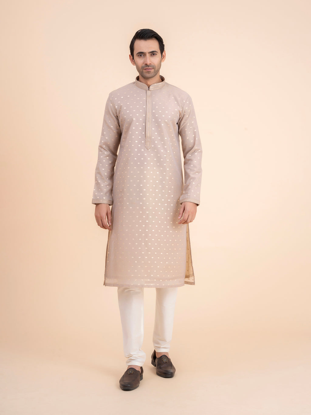 Beige Woven Kurta Set