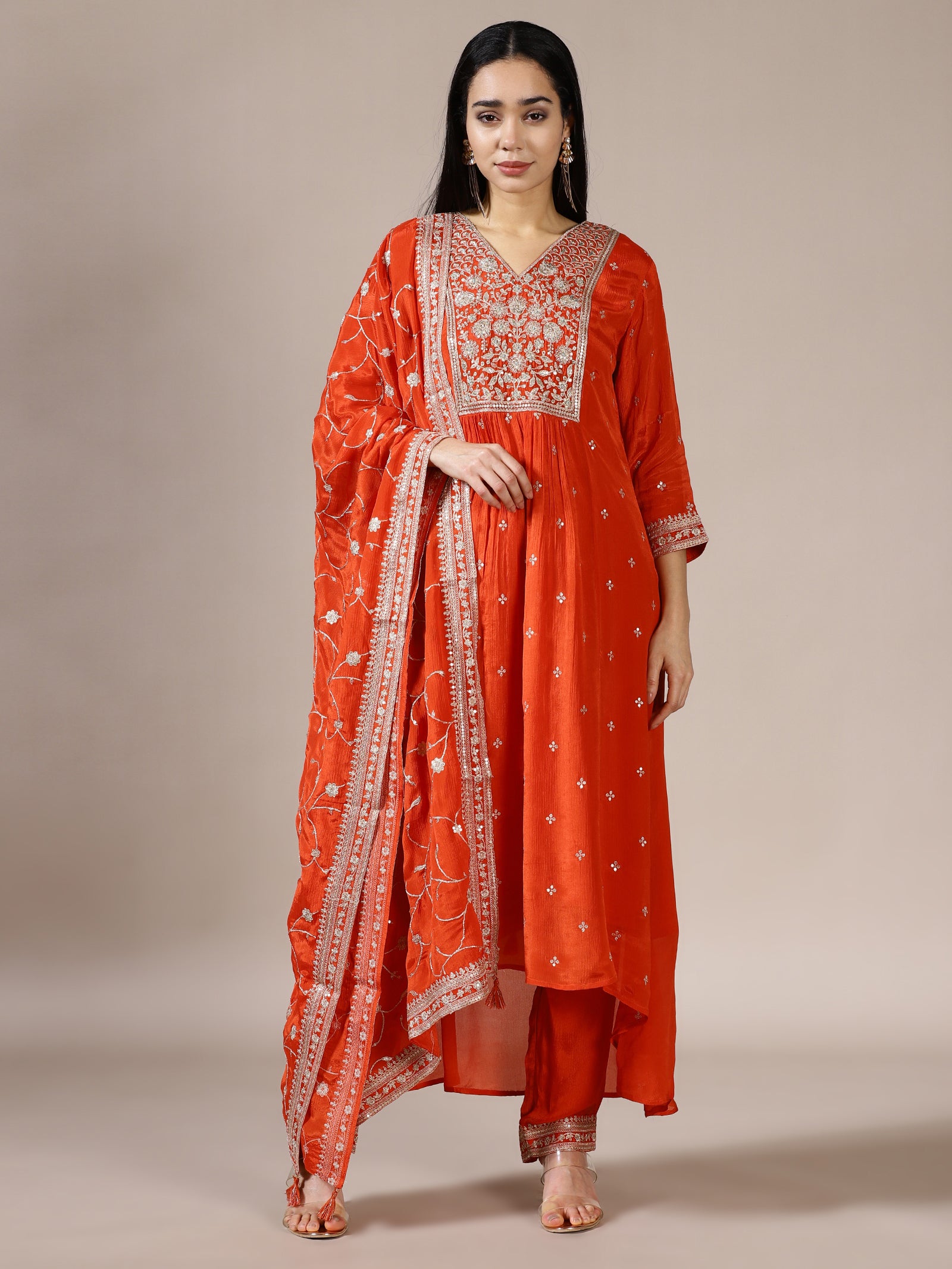 Tangerine Embroidered Kurta Set