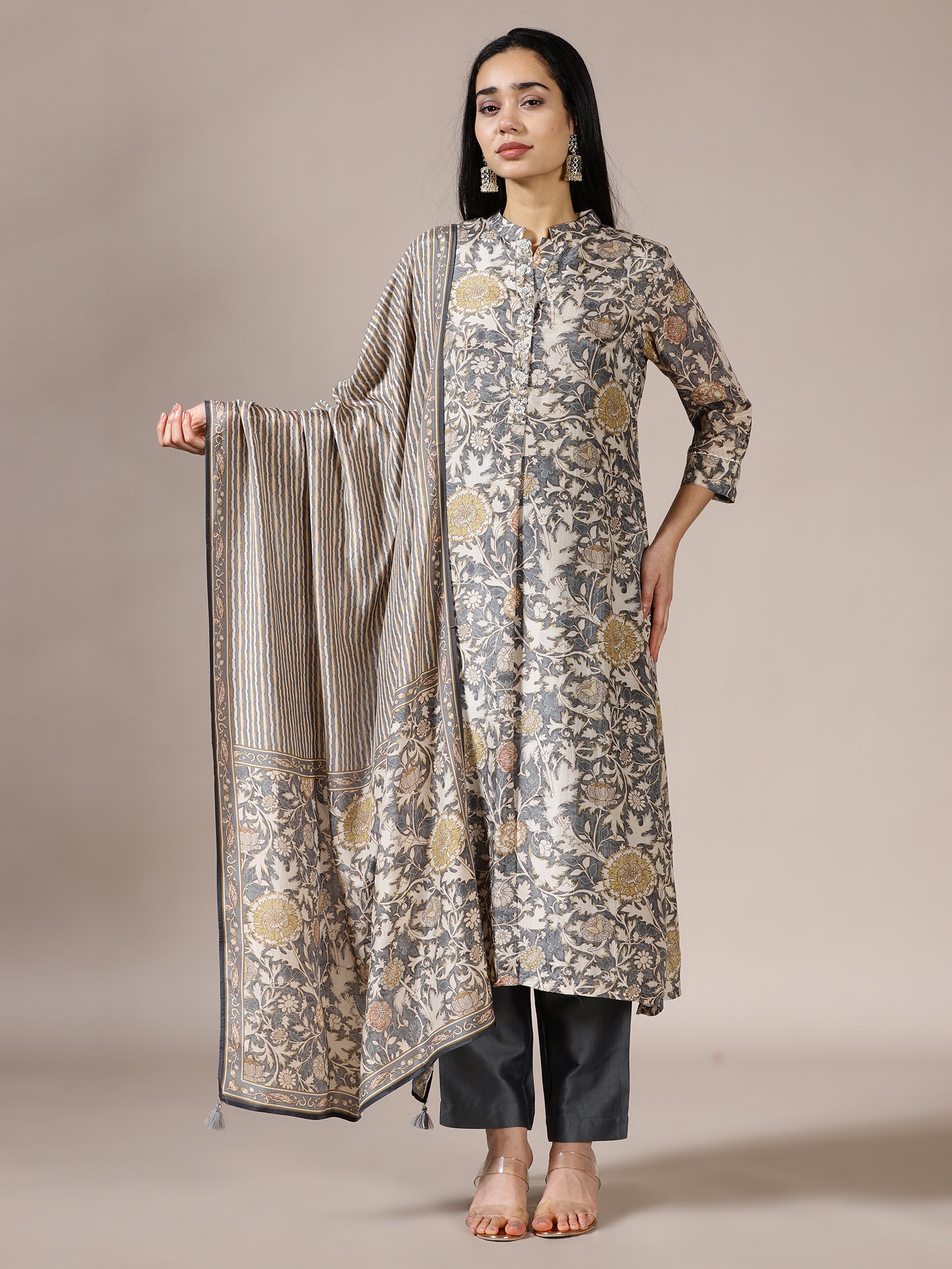 Grey Floral Printed Suit Set